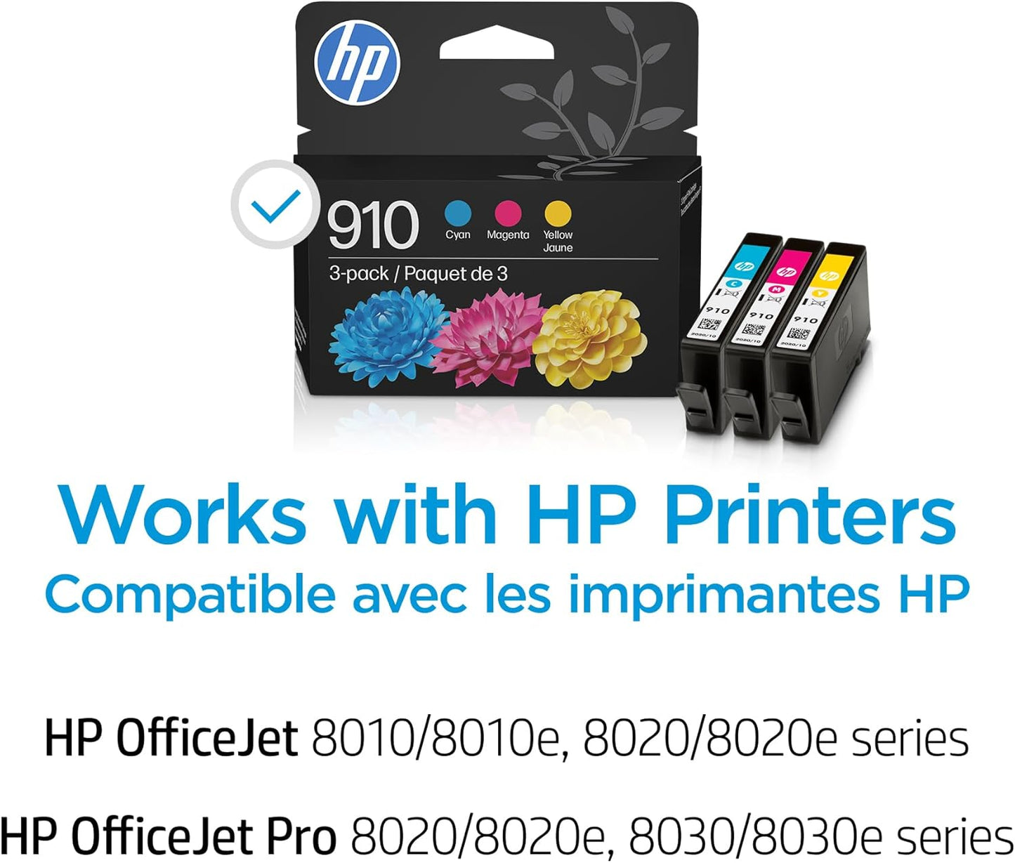 HP 910 Cyan, Magenta, Yellow Ink Cartridges (3-Pack) | Works with OfficeJet 8010, 8020 Series, OfficeJet Pro 8020, 8030 Series | Eligible for Instant Ink | 3YN97AN