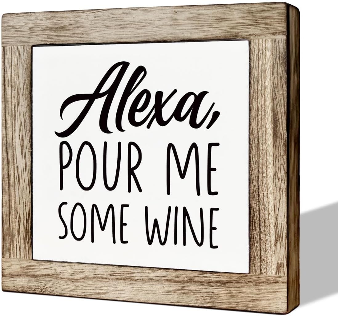 Kitchen Decor, Wooden Box Signs for Home Decor, Home Bar Decortion, Farmhouse Decortion Tabletop, Dining Room Decors Set, Home Decors Accents, Wine Sign, Alexa Pour Me Some Wine Sign