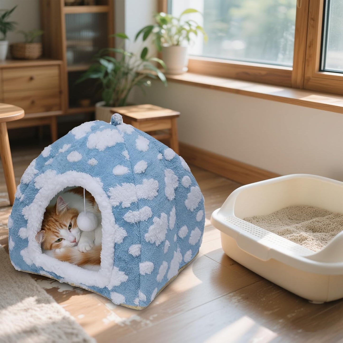 Enclosed Cat Bed Cat Cave for Indoor,Pet Beds Cats House Winter Warm Cozy Tent Washable Small Plush Houses for Soft Kitty Nest Kitten Furniture Removable Cushion Gatos Sleeping Hut