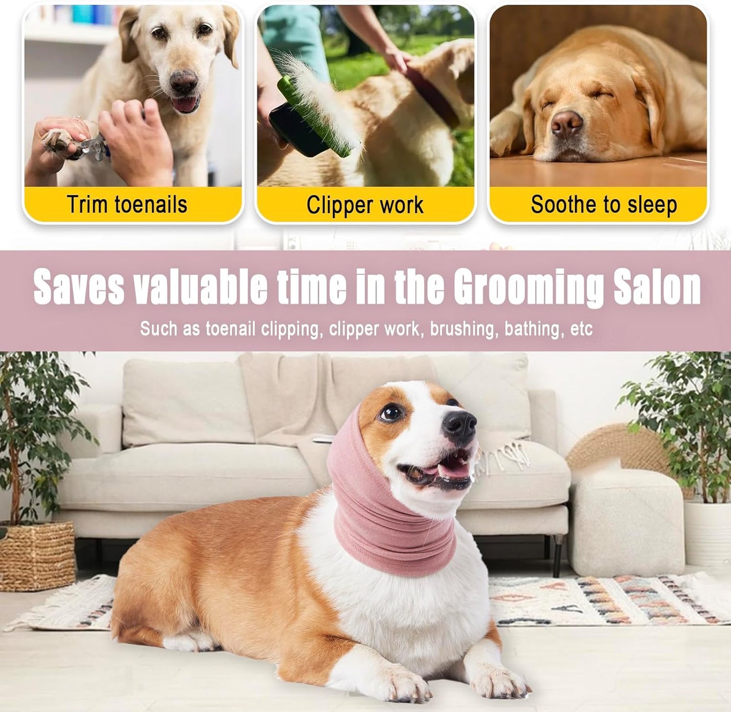 Calming Hoodie for Dogs - Stretchy Dog Ear Cover, No Shake Anxiety Head Wrap Quiet Ears, Pet Snoods for Thunder, Lightning, Fireworks, Vet Visits, Grooming, Rabbit Plush Fabric, Pink M
