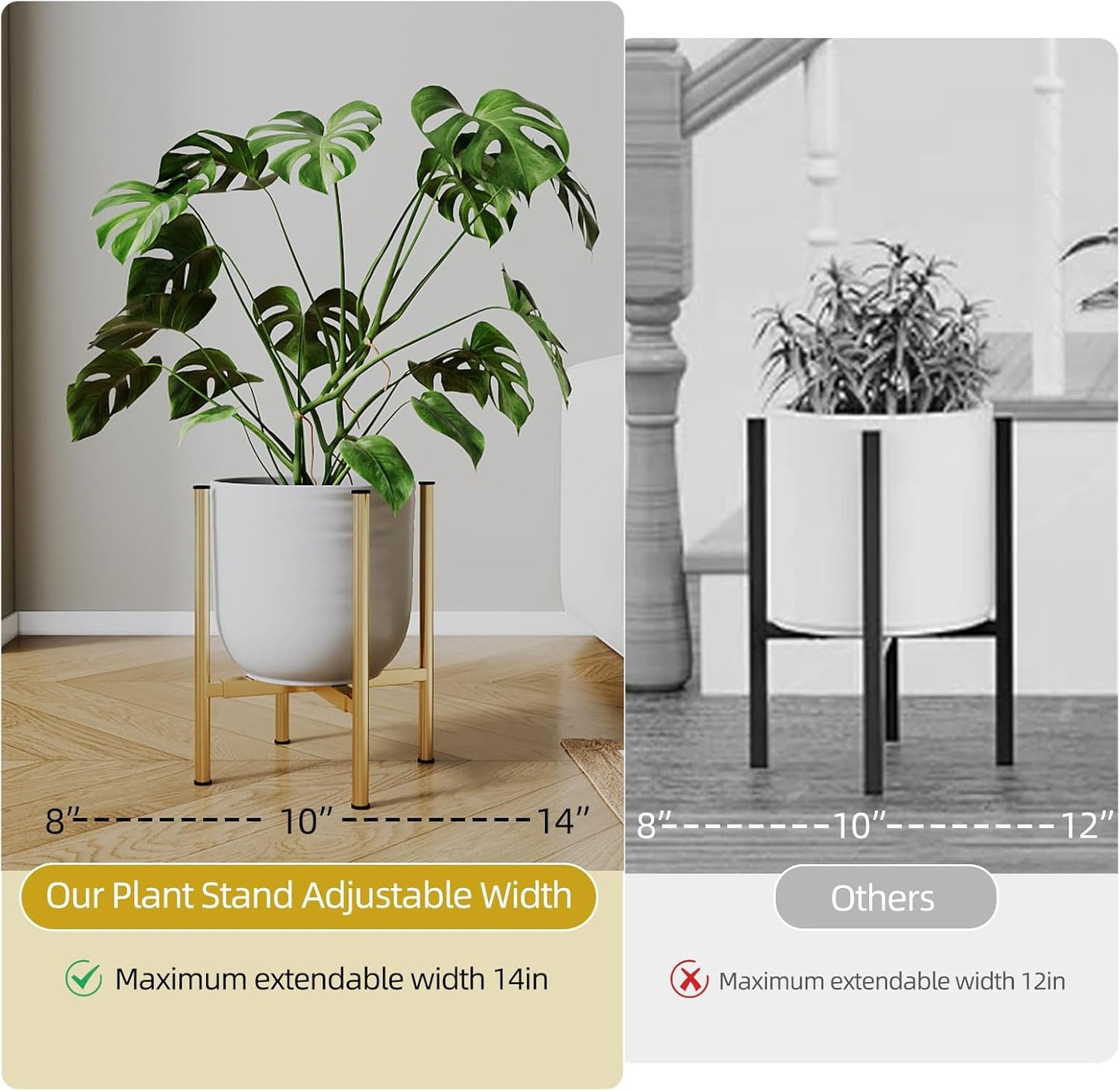 Adjustable Metal Plant Stand Indoor, Mid Century Modern Outdoor Planter Holder for 8 to 14 Inch Pots, Heavy Duty 160 LB Load, Corner Floor Stand for Home Garden Decor Golden