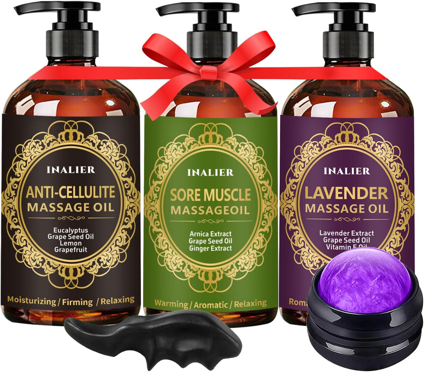 Massage Oil for Massage Therapy,Easter Basket Stuffers,3 Pack Cellulite Massage Oil,Sore Muscle Arnica Oil & Lavender Massage Body Oil with Massage Ball & Thumb Saver Tool,Easter Gifts for Men Women