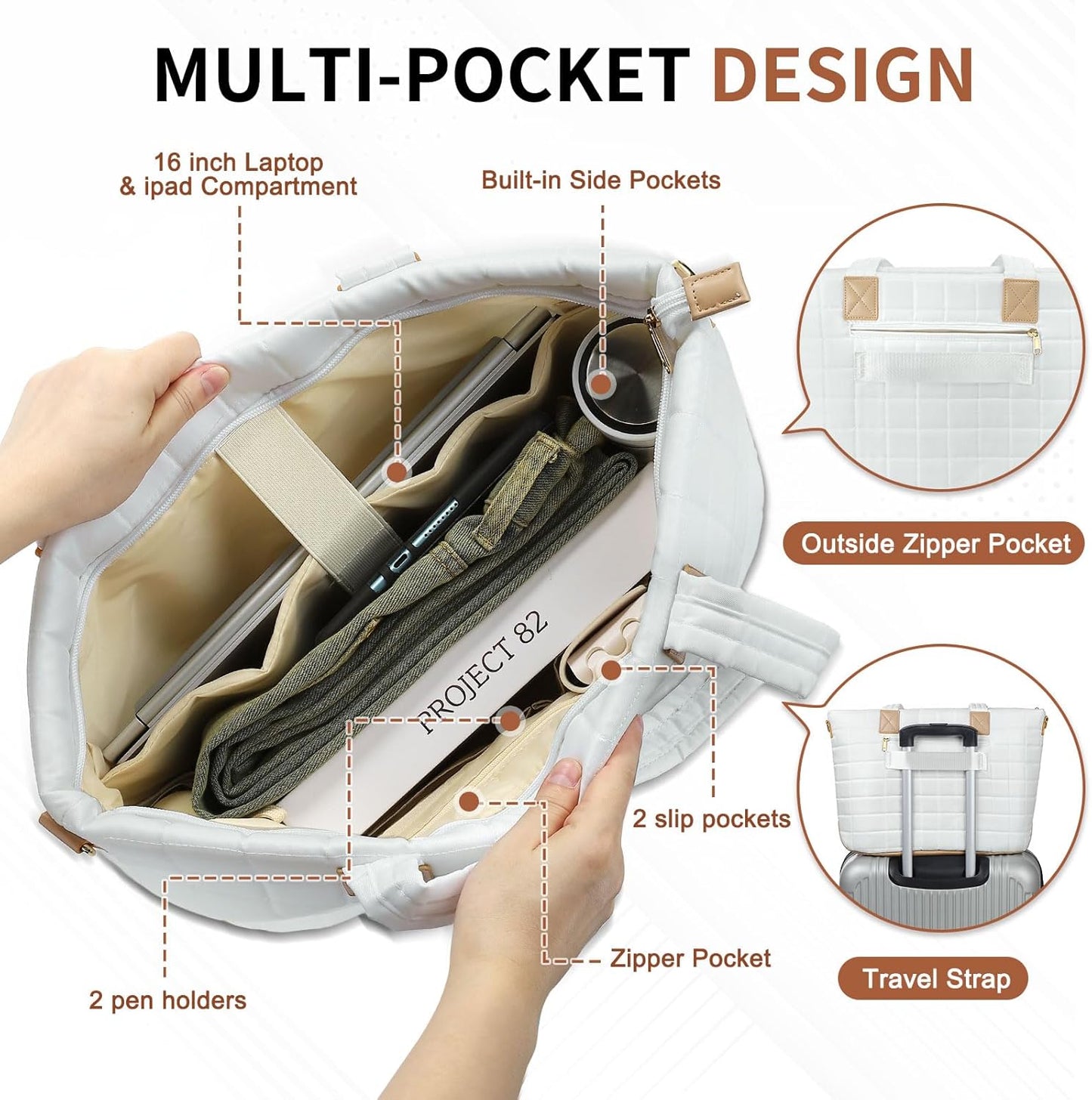 Large Travel Tote Bag for Women, Quilted Puffy Tote Bag with Detachable Shoulder Strap, Laptop Work Bag W/Handbag