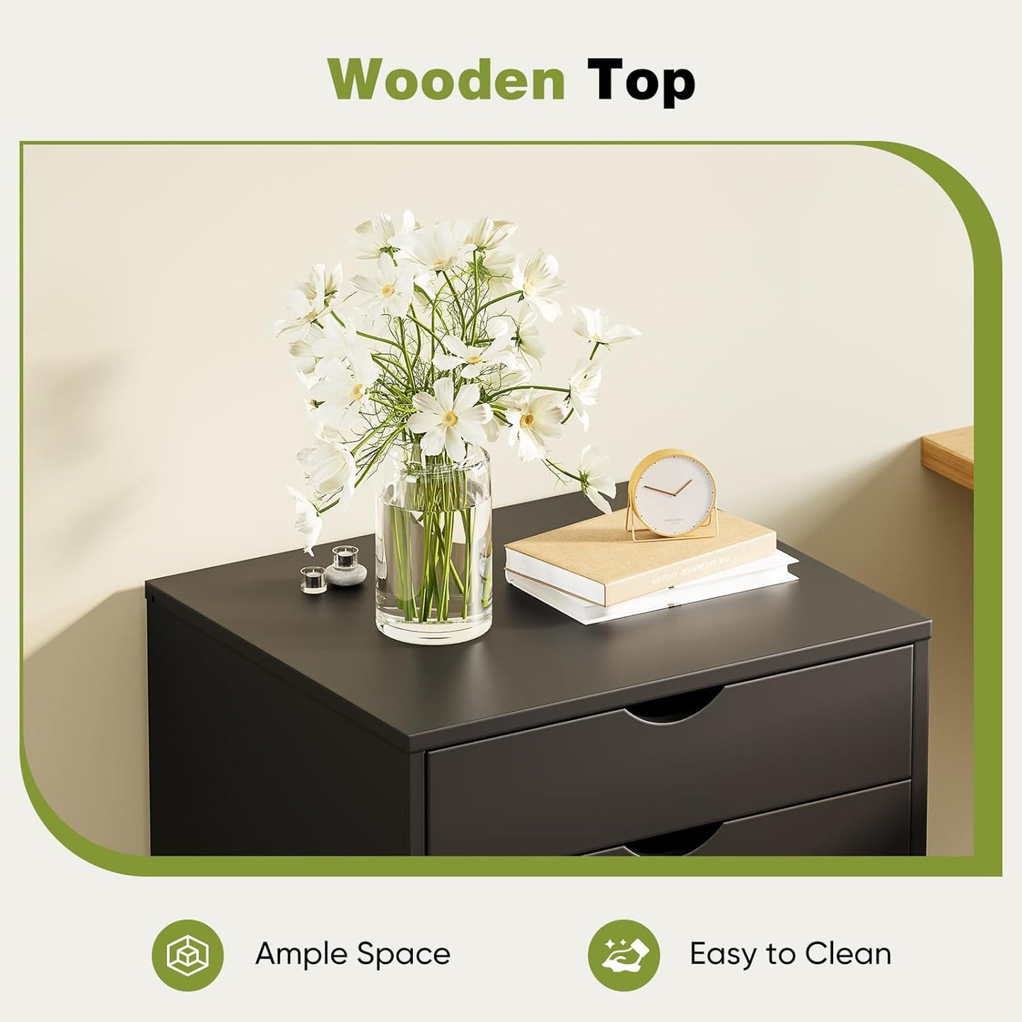 Sweetcrispy 5 Drawer Chest Mobile Storage Cabinets Small Wooden Dresser with Wheels Room Organization Furniture for Office Home, Black Wood