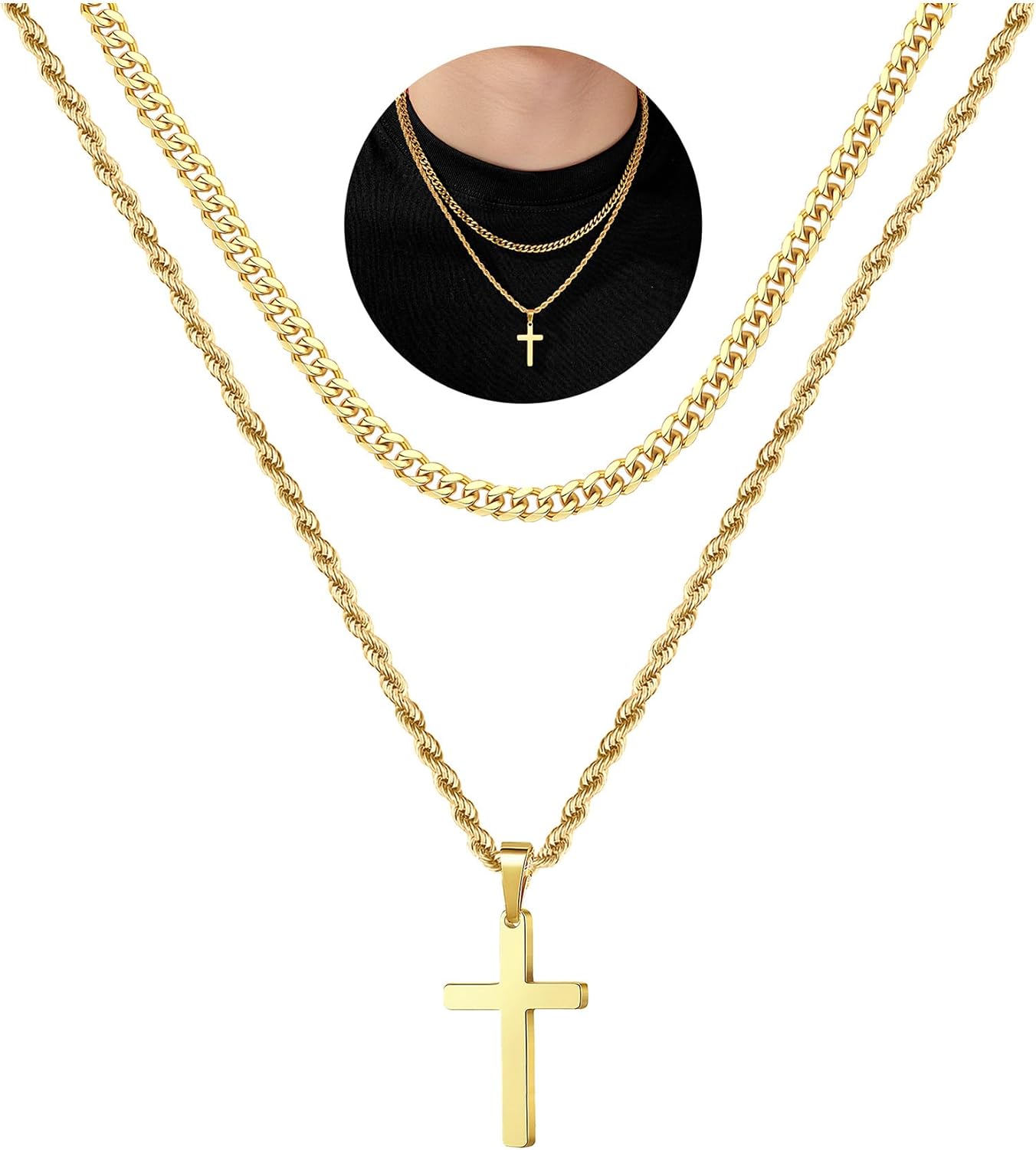 Yooblue Easter Basket Stuffers - Cross Necklace for Men, Gold Black Silver Mens Cross Necklaces Stainless Steel Cross Pendant Necklace Simple Jewelry Gifts Cross Chain Necklaces for Men