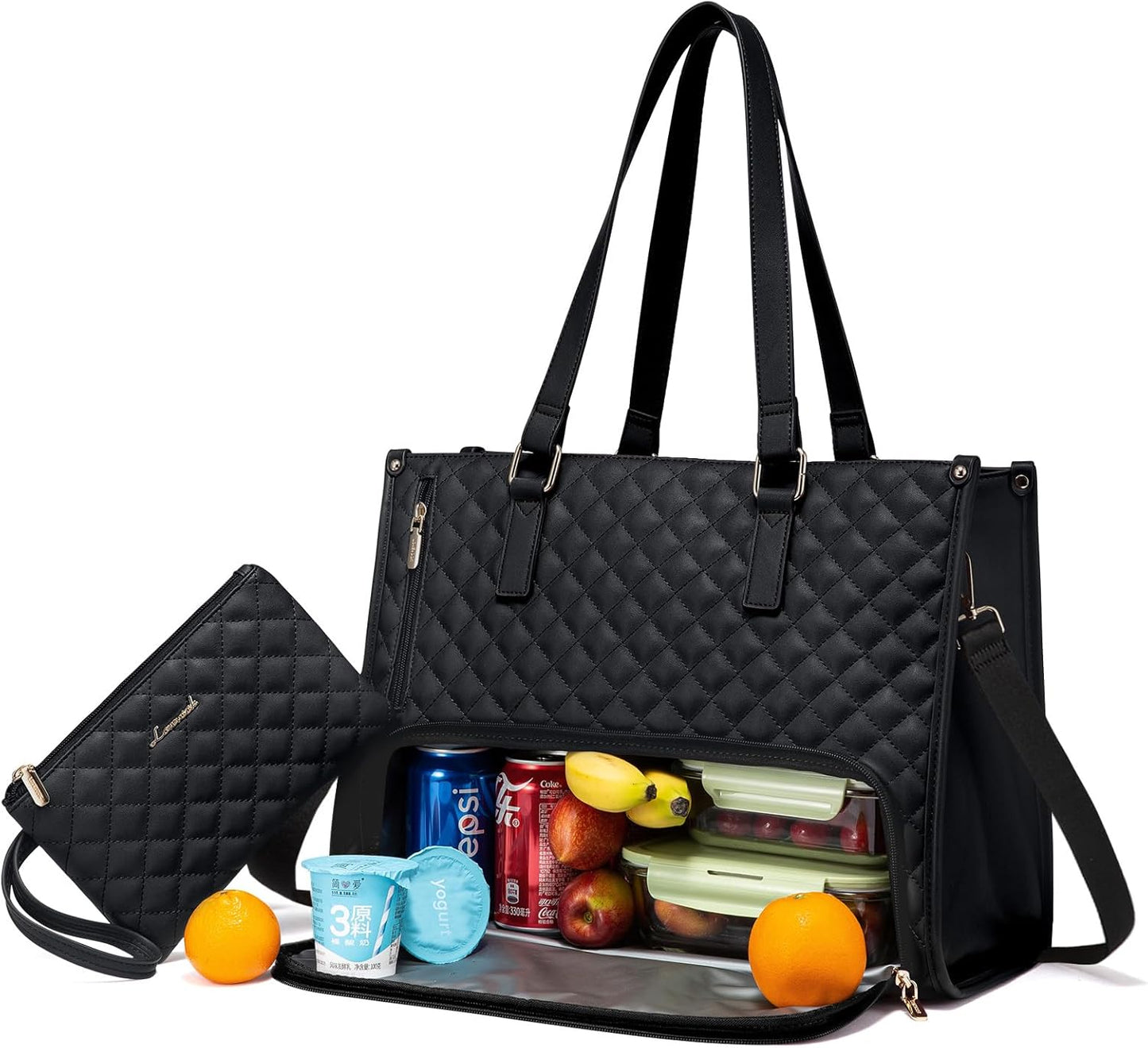 LOVEVOOK Lunch Tote Bag for Women, 15.6 Inch Laptop Bag with Insulated Lunch Compartment, Quilted Large Capacity Computer Handbag with Purse for Business, Work, Nurse, Office, Collage, Casual, Black