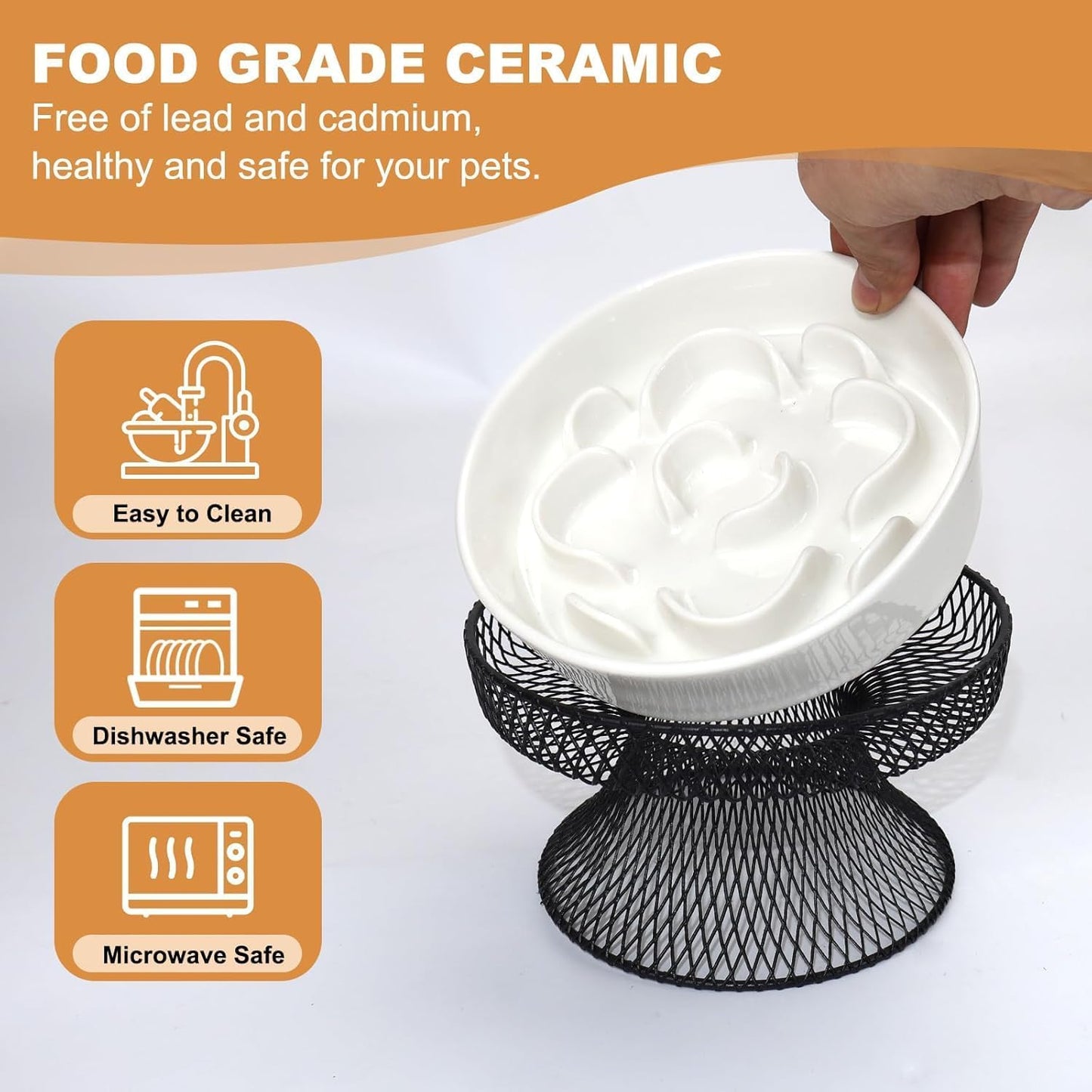2PCS Raised Ceramic Cat Slow Feeder Bowl Elevated Food Bowl with Stand, Cat Slow Bowl for Wet Food and Dry Food,Slow Down Eating Speed, Whisker Friendly Pet Puzzle Feeder for Kitten and Small Dog