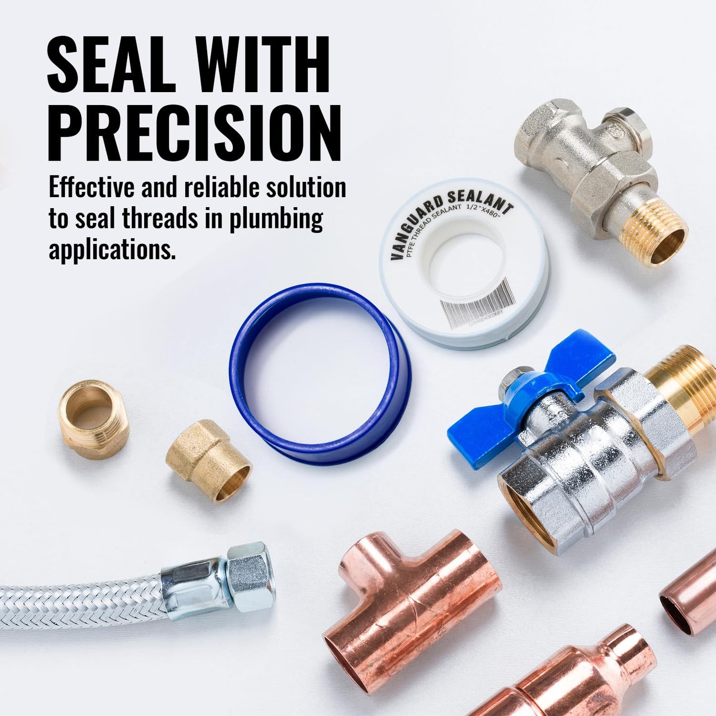 High Density PTFE Plumbers Tape for Shower Head, Faucet, and Water line Connections - Food Safe, White, 1/2" Width, 460" Length - Thread Sealant to Stop Water leaks