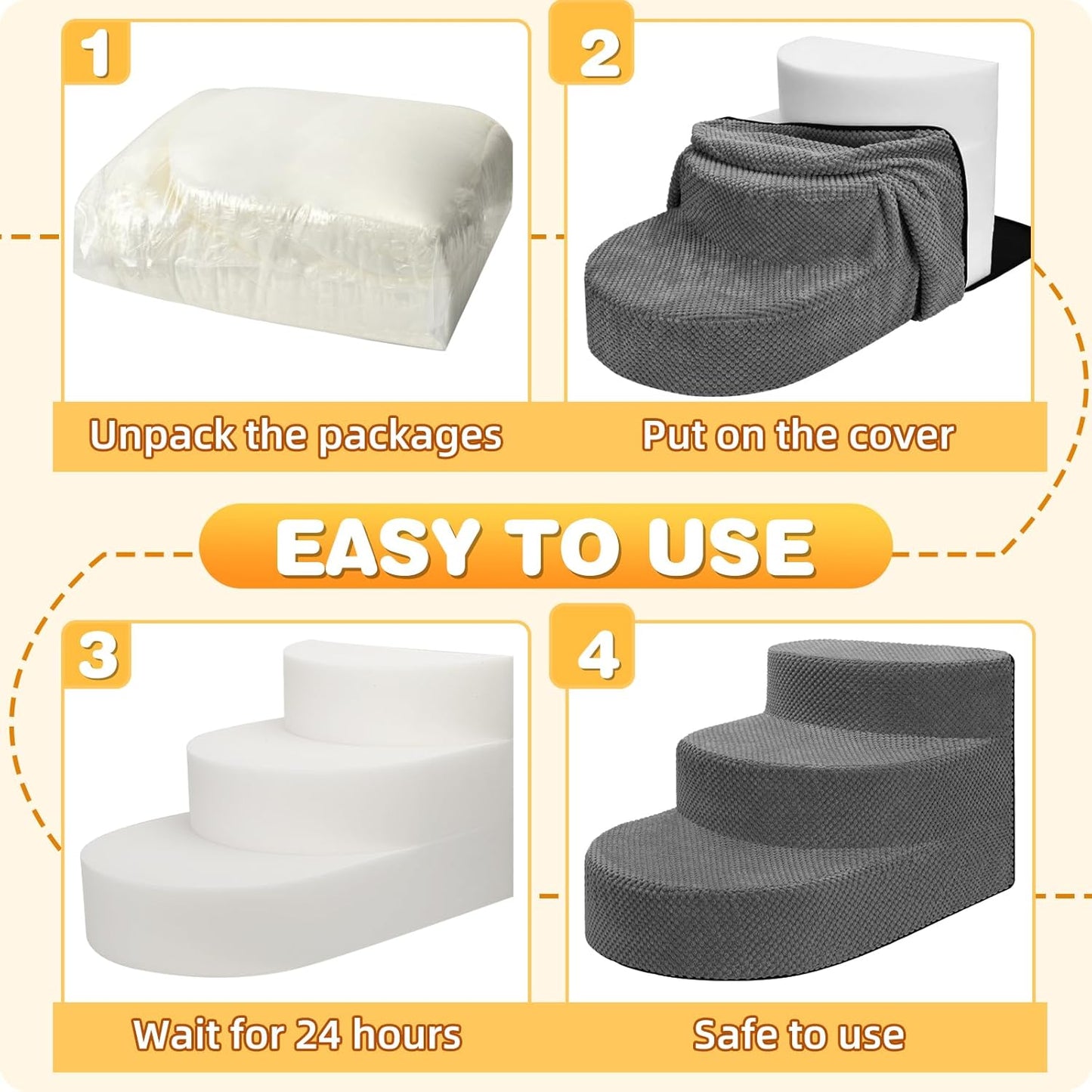 Dog Stairs for Small Dogs, Foam Steps for Small Dogs & Cats, 3 Steps Dog Ramp for High Beds, Couch, Window, Sofa, Pet Stairs with Removable Washable Cover, Non-Slip Sturdy Pet Steps, Grey