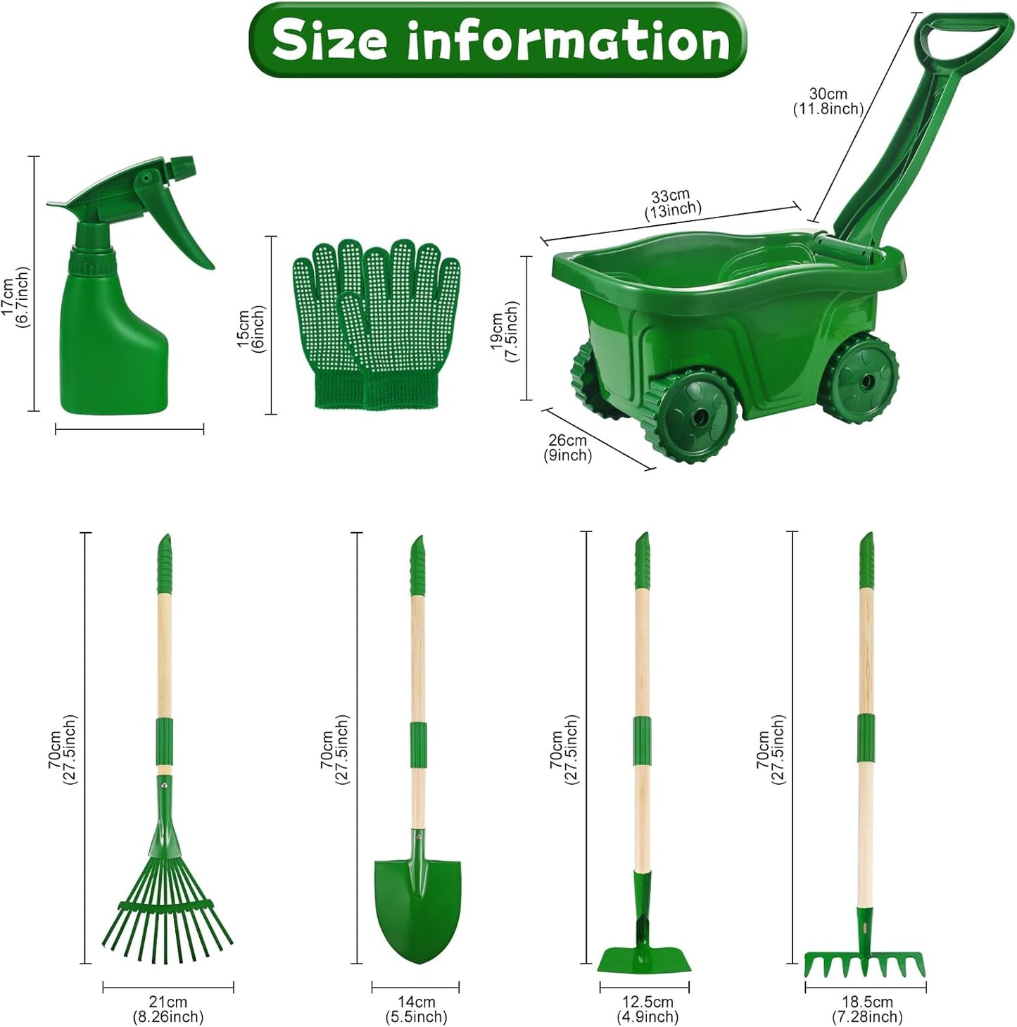Duckura Kids Gardening Tools Set - 7pcs Wheelbarrow Set for Kids with Shovel, Rake, Leaf Rake, Summer Outdoor Yard Digging Weed Birthday Gifts Toys, Easter for Boys Girls Age 2 3+ Years(Green)