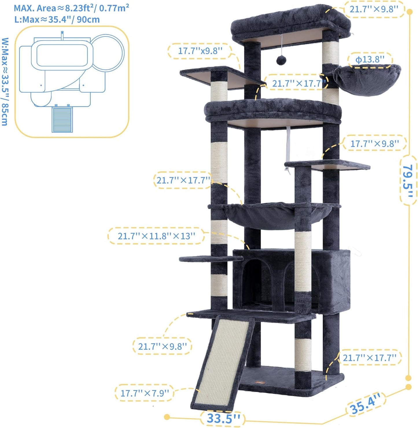 Heybly Tall Cat Tree for Large Cat, 80-inch Multi-Level Cat Tower for Indoor Cats with Large Baseboard, Condo Furniture with 2 Widened Plush Perches,Scratching Board and Big Caves, Smoky Gray HCT038G