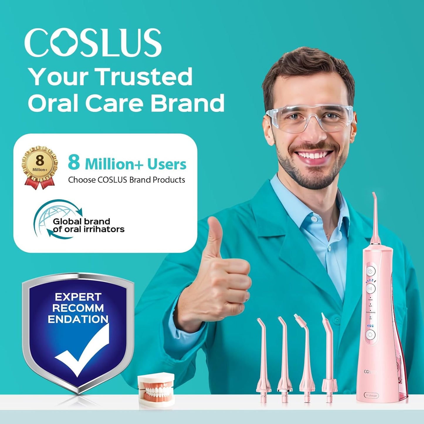 COSLUS C50 Portable Water Flosser for Teeth: 4 Modes & 5 Intensity Levels Professional Electric Dental Pick for Sensitive Gums, Braces & Orthodontic - Cordless for Travel Use, BPA-Free