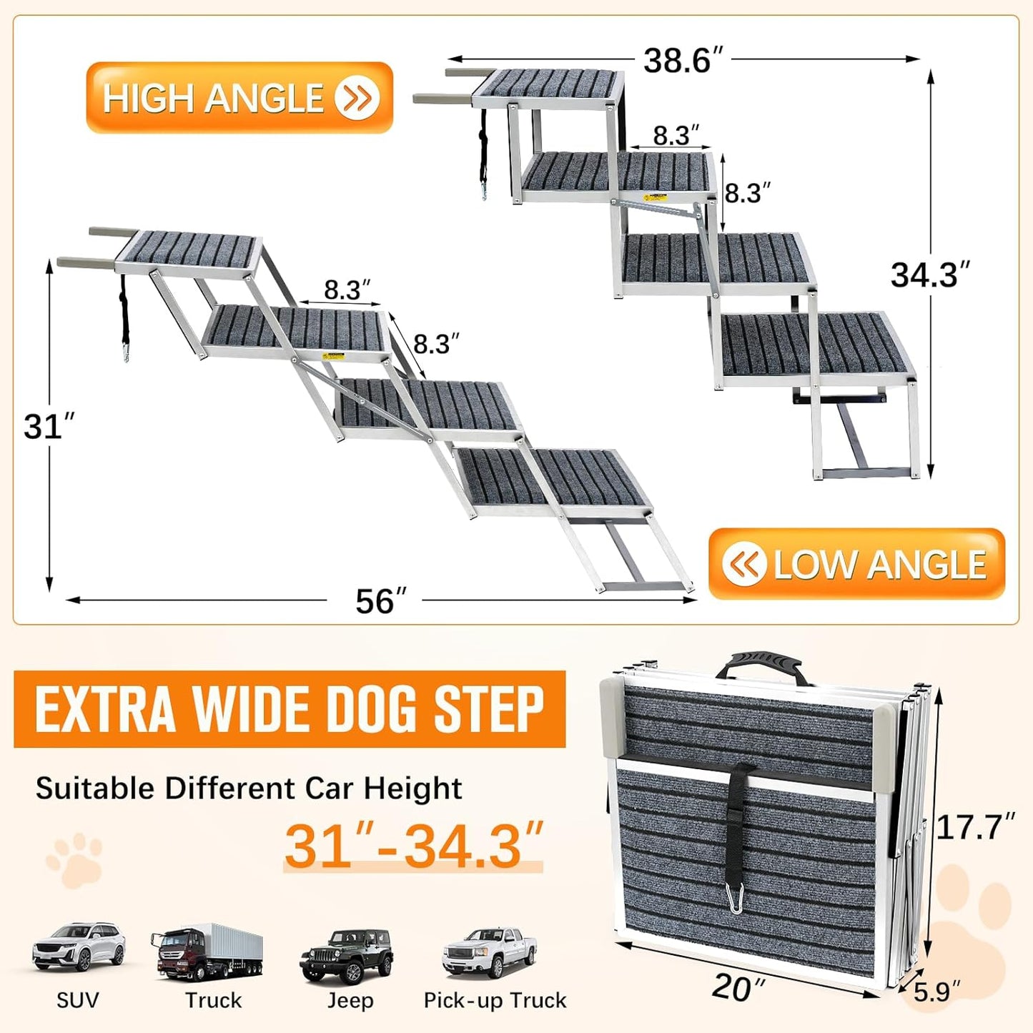 Dog Stairs for Large Dogs - 20" Extra Wide 4-Step Foldable Dog Ramp for Car/SUV/Truck & High Beds - Supports Large Dogs up to 200Lbs