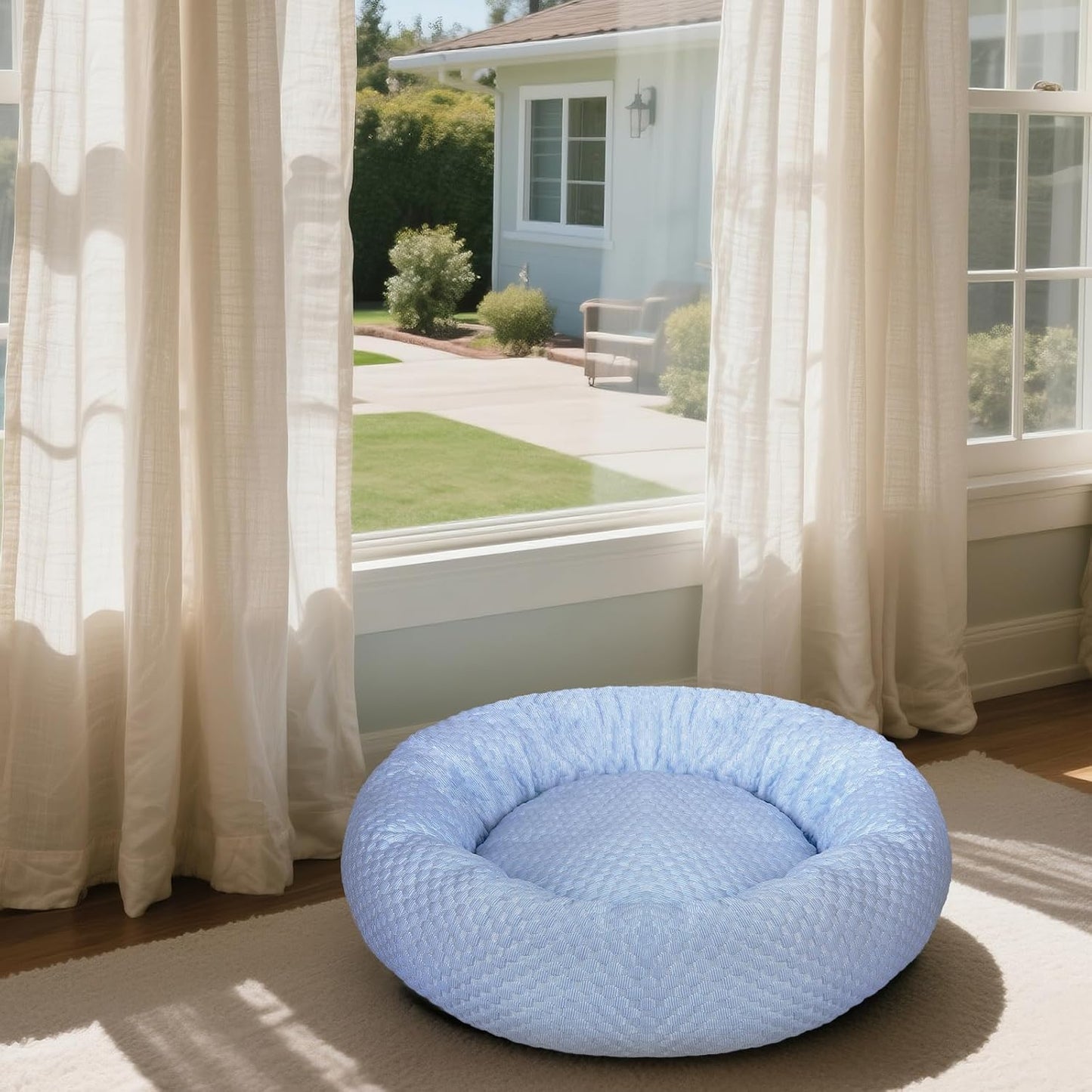 Donut Dog Bed for Large Dogs - Cooling Pet Bed with Removable Cover, Breathable Ice Fabric Summer Pet Beds for Medium & Big Dogs, Egg Tart Design (L)