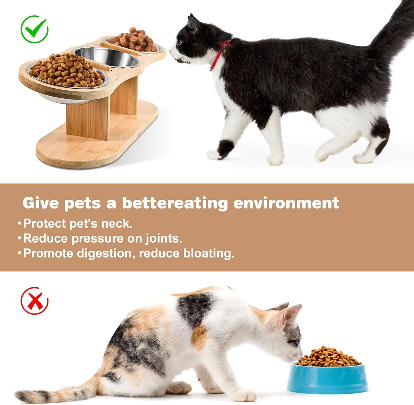 Elevated Cat Bowls - 3 Stainless Steel Cat Bowls with 15° Tilted Bamboo Stand for Indoor Cats, Small Dogs and Puppy