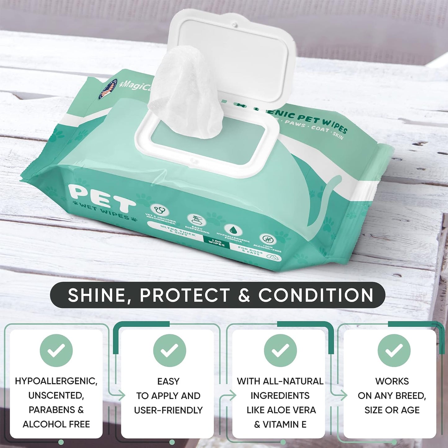 MAGICARE Dog Wipes for Paws, Butt, Ears & Eyes – 100 Extra Wet & Thick Unscented Grooming Pet Wipes for Dogs & Cats – Deodorizing, Hypoallergenic – Made in USA