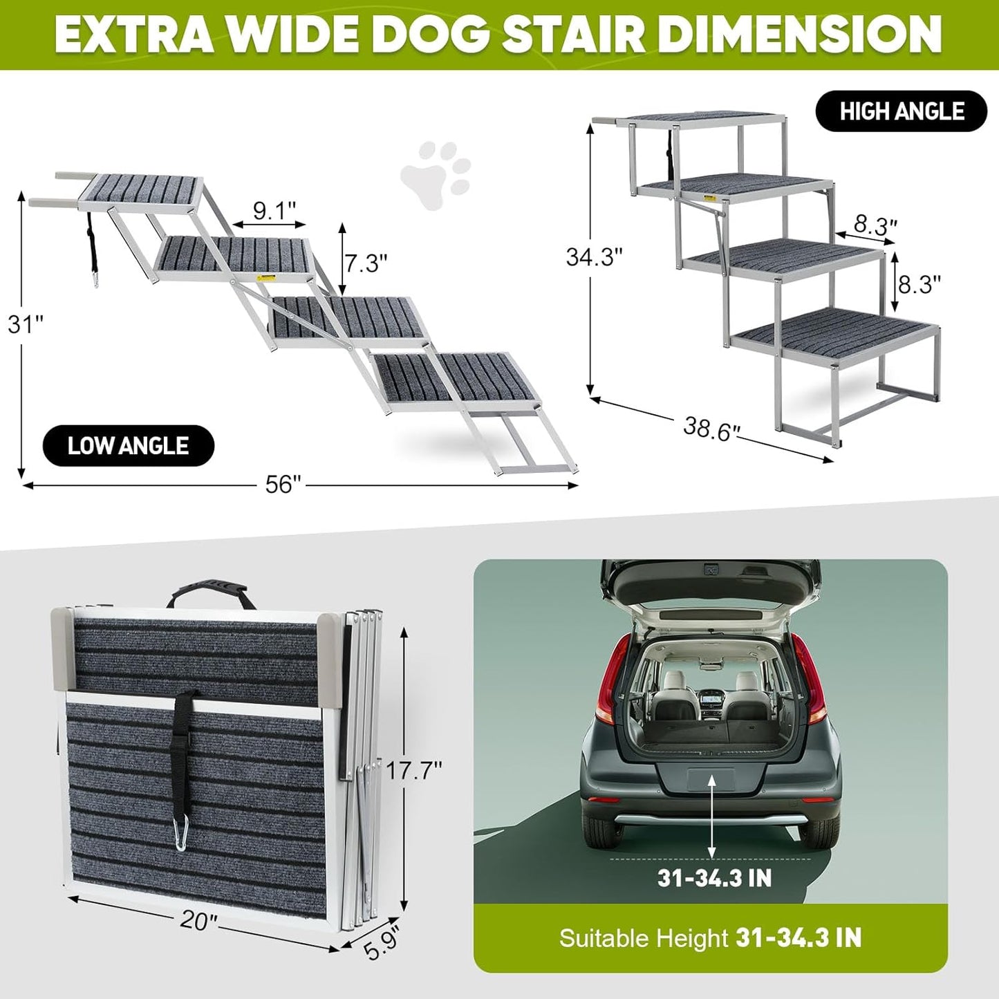 Extra Wide Dog Stairs for Large Dogs, Dog Stairs for Cars, Foldable Dog Ramp,Light Weight Aluminum,High Beds,for SUV Trucks, Supports up to 200 lbs