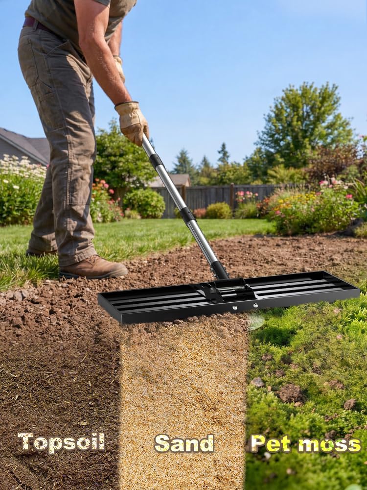 30x10 inch Lawn Leveling Rake, Yumatum 72" Effort Saving Lawn Leveler Tool, Stainless Steel Handle Lawn Leveler for Golf Course Yard Pasture Garden, Professional Lawn Care Landscape Rake