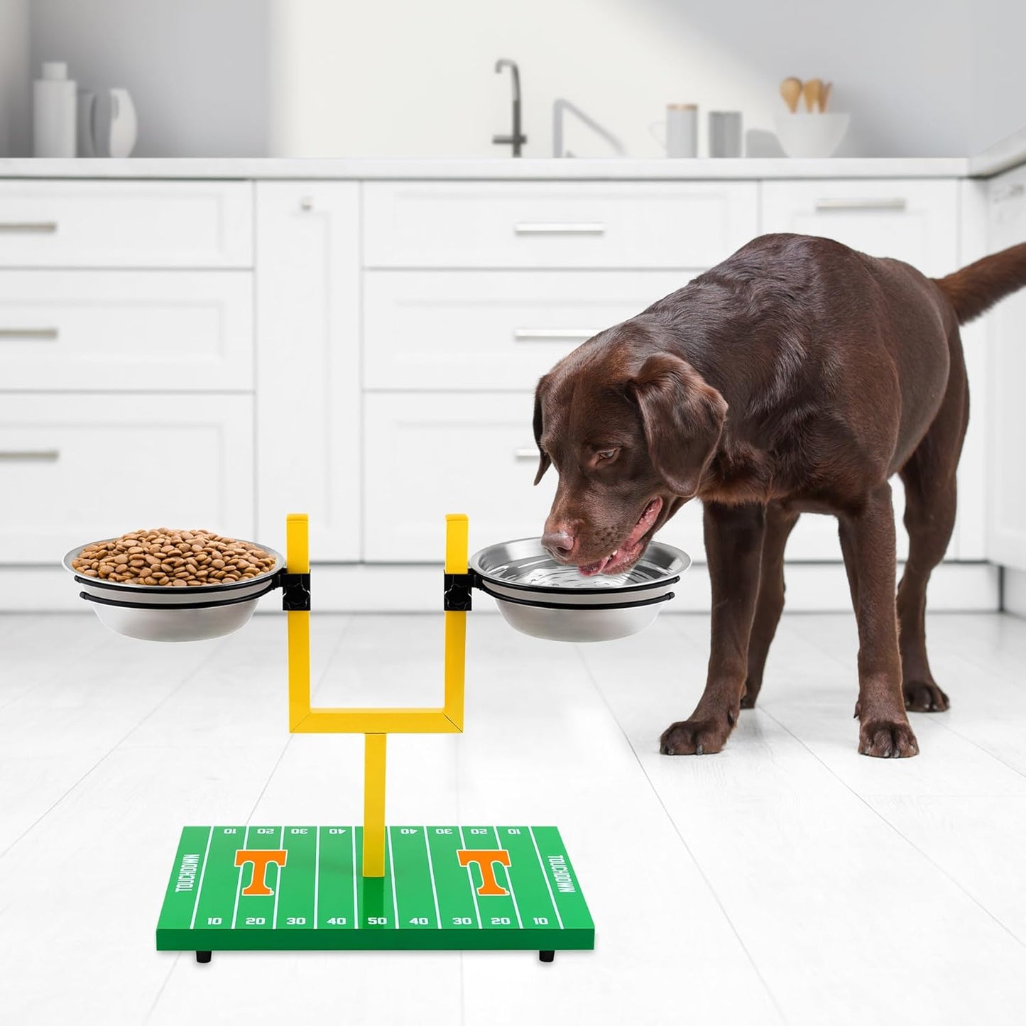 NCAA Tennessee Volunteers Goalpost Dog Feeder – Adjustable Elevated Dog Bowls with Stand, 2 Stainless Steel Bowls, Non-Slip Rubber Feet, Raised Pet Feeder for Large & Small Dogs