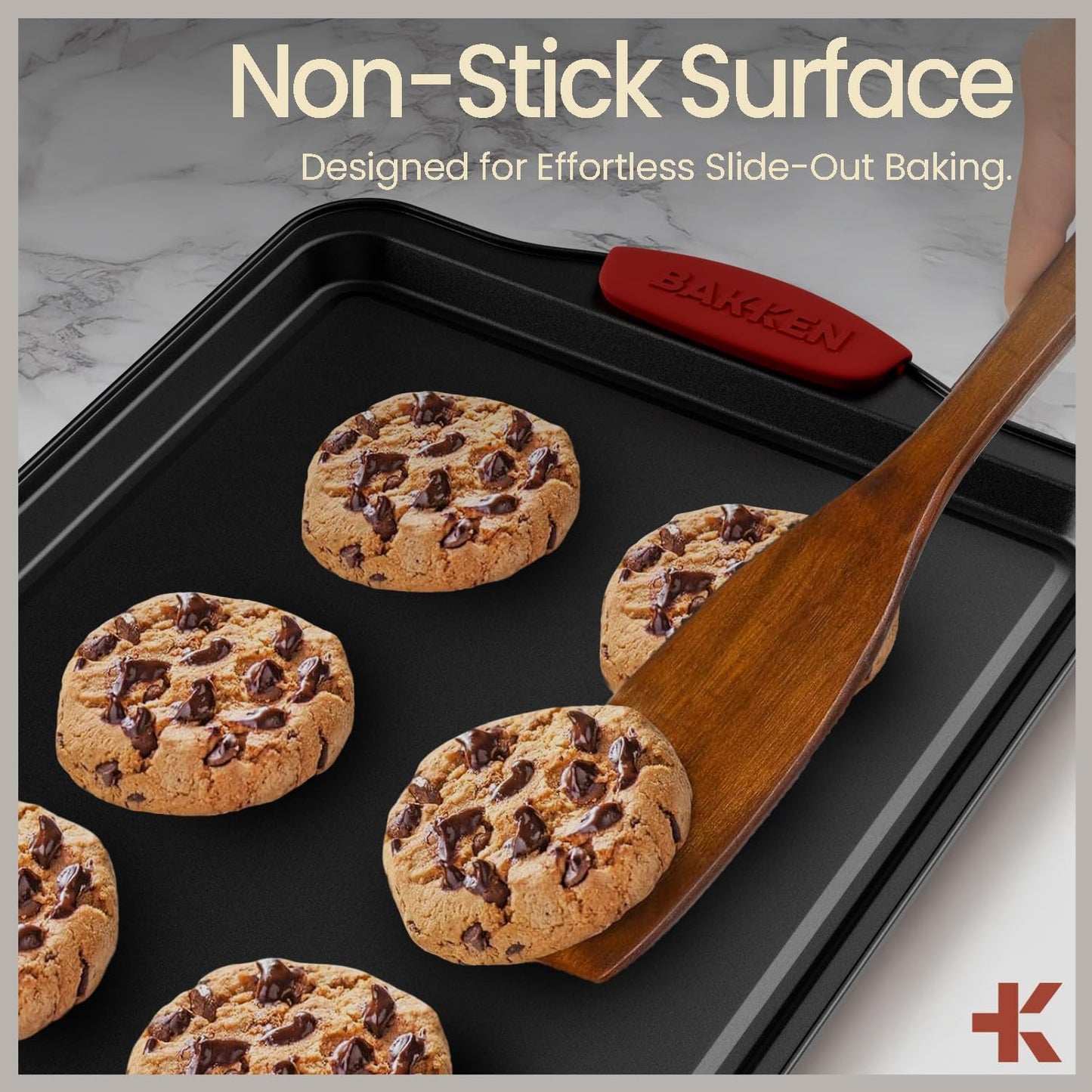 Baking Set – 6 Piece Kitchen Oven Bakeware Set – Deluxe Non-Stick Black Coating Inside and Outside – Carbon Steel – Red Silicone Handles – PFOA PFOS and PTFE Free by Bakken