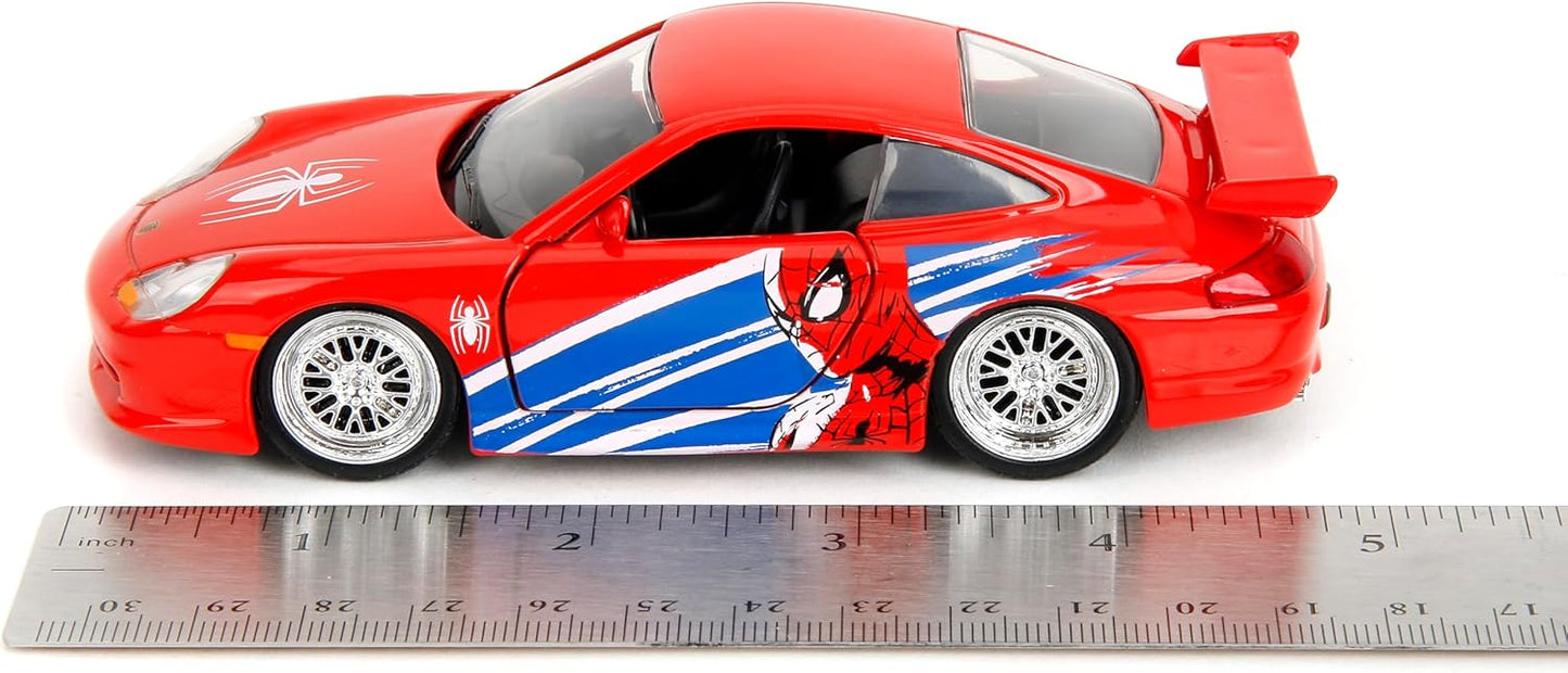 Jada Hollywood Rides Spider-Man Porsche 911 GT3 RS 1:32 – Die-Cast Vehicle Paint, Opening Doors, Marvel Theme – Red/Blue Design for Kids & Collectors