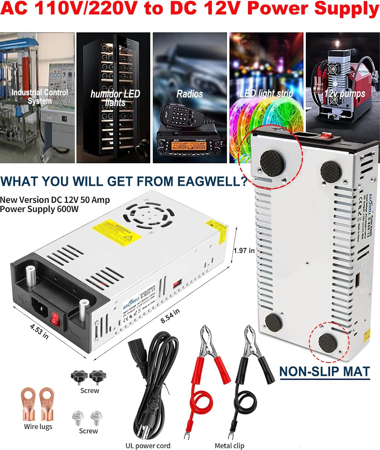 New Version 110V AC to 12V DC Converter 600W Power Supply 50A, Universal SMPS Transformer for RV, Pump, LED Strip, CCTV, Car Stereo,Diesel Heater