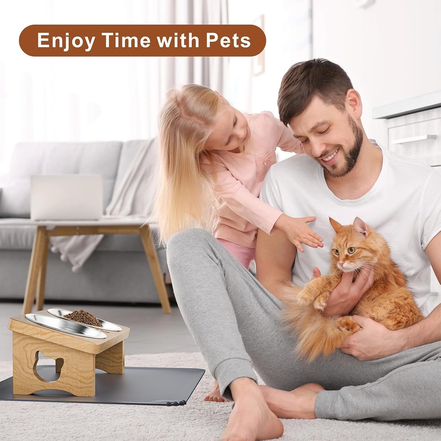 Elevated Cat Bowls with Silicone Mat, 15° Tilted Solid Wood Stand, Raised Stainless Steel Food & Water Dishes for Cats and Small Dogs, Anti-Vomiting Design(Natural)