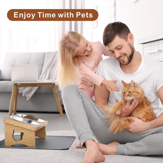 Elevated Cat Bowls with Silicone Mat, 15° Tilted Solid Wood Stand, Raised Stainless Steel Food & Water Dishes for Cats and Small Dogs, Anti-Vomiting Design(Natural)