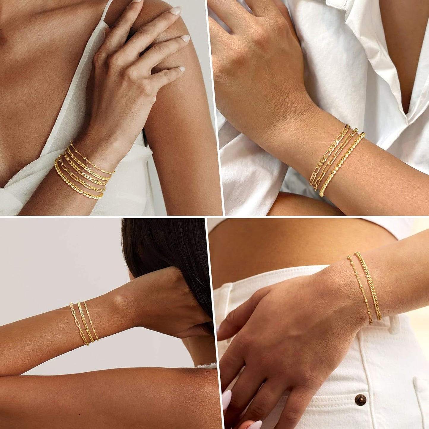 adoyi Gold Bracelets for Women, 14K Gold Plated Stackable Bracelet Stack Set Adjustable Charm Paperclip Chain Cuban Link Layered Waterproof Jewelry Sets Gifts for Womens
