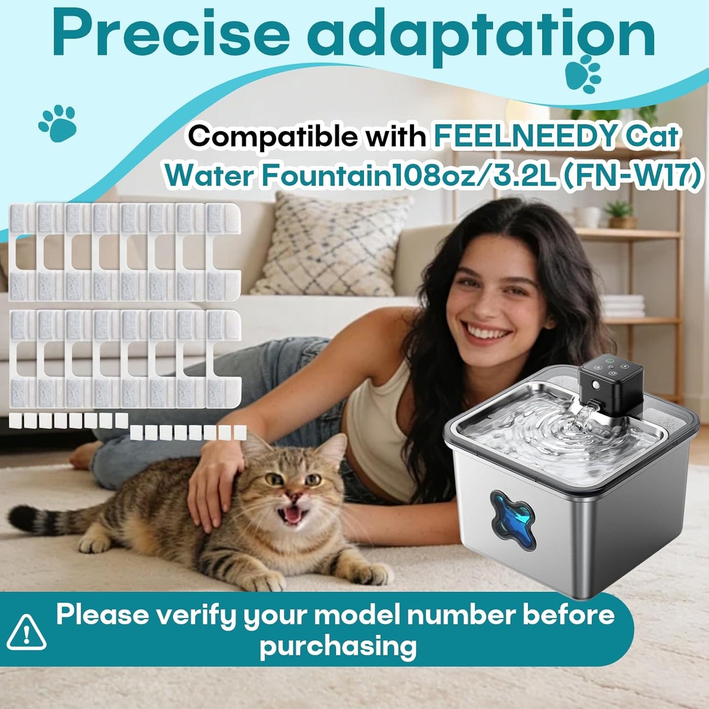 32 Pack Cat Water Fountain Replacement Filters, Compatible with FEELNEEDY Cat Water Fountain (FN-W17), 108oz/3.2L Pet Water Fountain, Including16 Pack Filters+16 Pack Pump Sponges