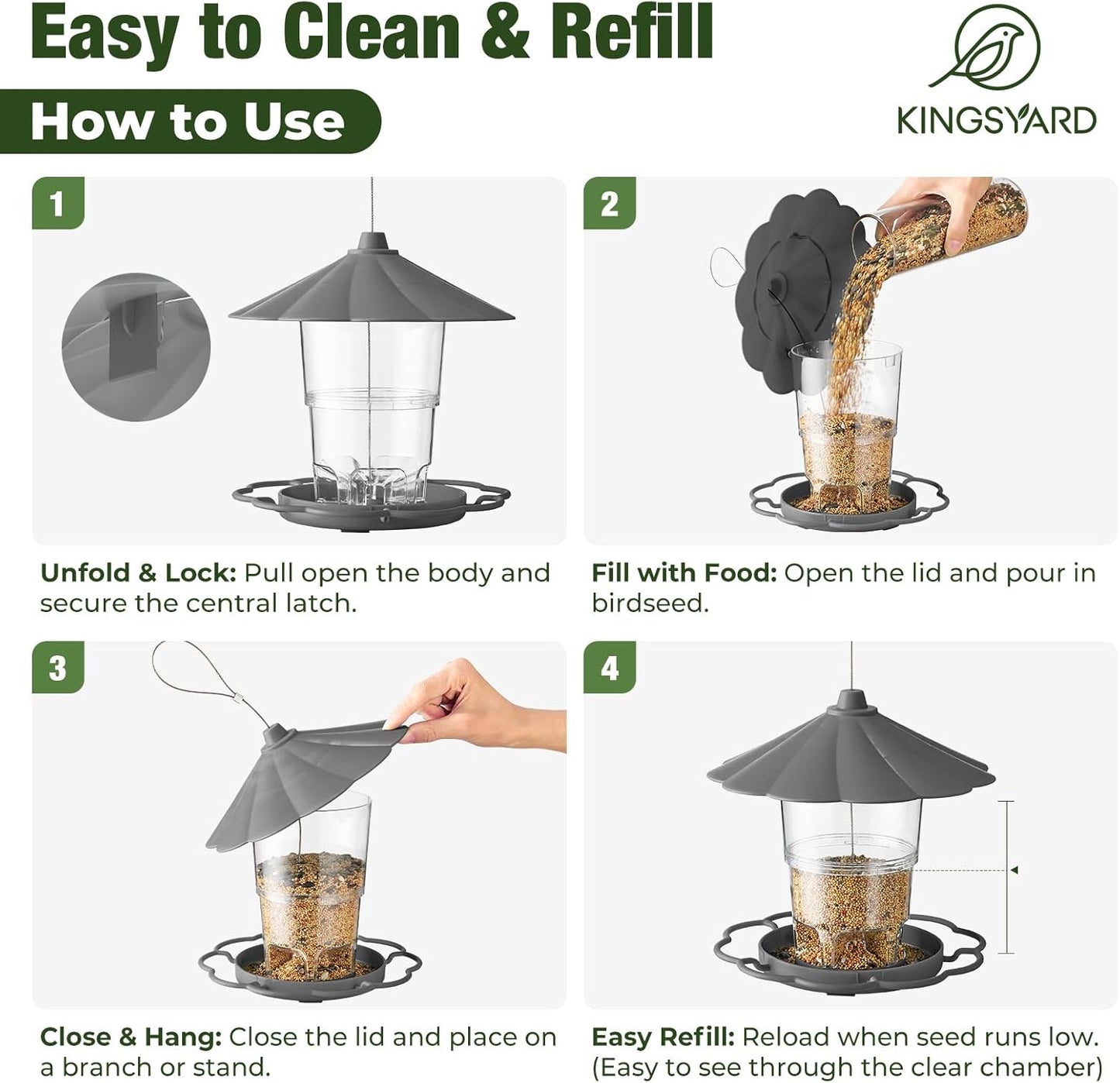 Kingsyard Bird Feeder for Outside Outdoors Hanging, Adjustable Hopper Feeders with Wide Seed Tray and Rainproof Roof, Wild Birds Feeder for Garden Backyard Decoration, 1 Pack, Grey