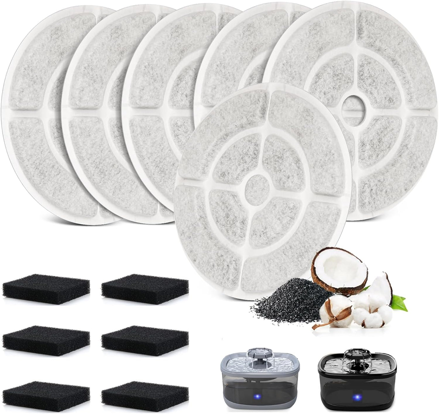7" Activated Carbon Dog Water Fountain Filters Compaitble with Sibays 2.5Gal/9.5L and for Kastty 9L Dog Cat Water Fountain Filter Pet Fountain Filter Replacement with 6 Pump Filters