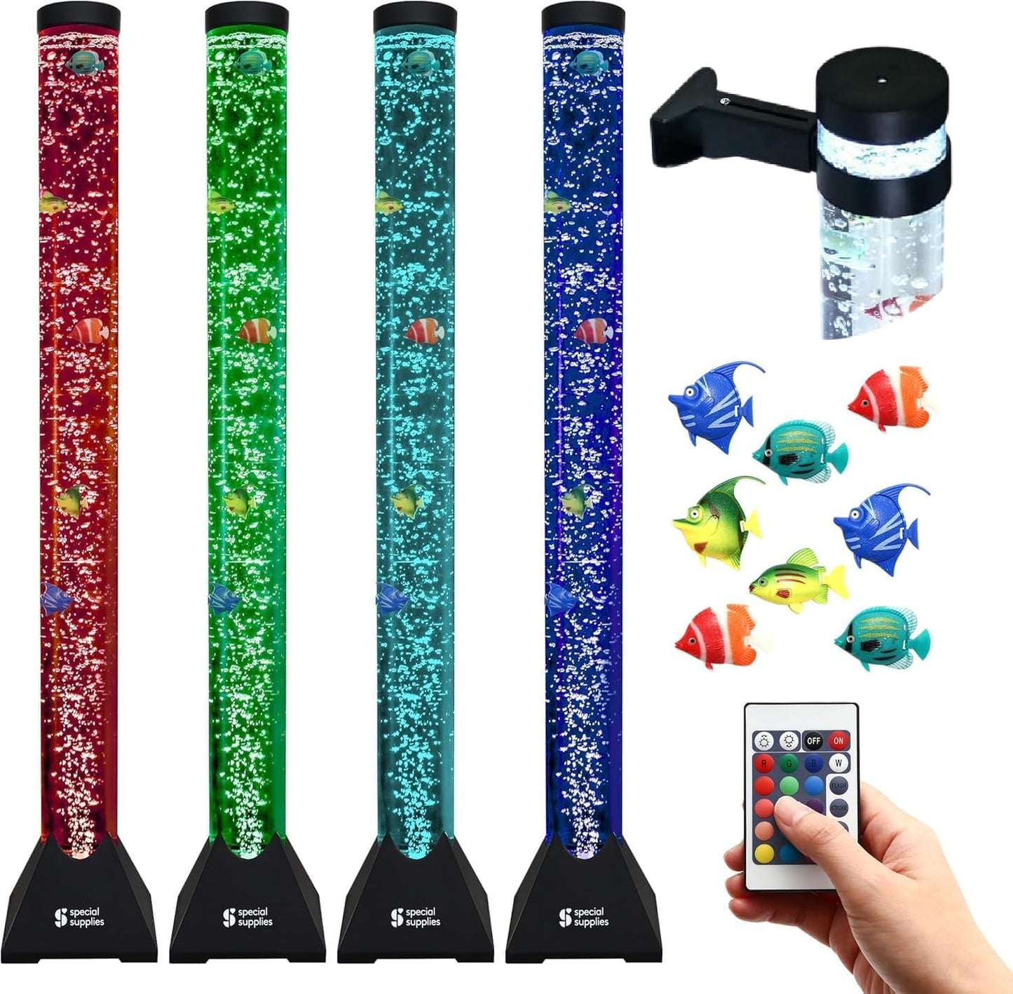 Special Supplies Aquarium Sensory Fish Bubble Light Tube with 16 LED Color Changing Nightlight Effect, Remote Control, and 8 Fishes, Colorful Floor Standing Lamp for Kids and Adults (4 feet) (Style 1)