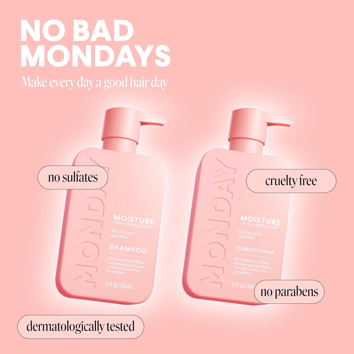 MONDAY HAIRCARE Moisture Shampoo + Conditioner Set for Dry, Coarse, Stressed, Frizzy Hair, Made with Coconut Oil, Rice Protein, Shea Butter and Vitamin E, All Natural, 12 fl oz (Pack of 2)