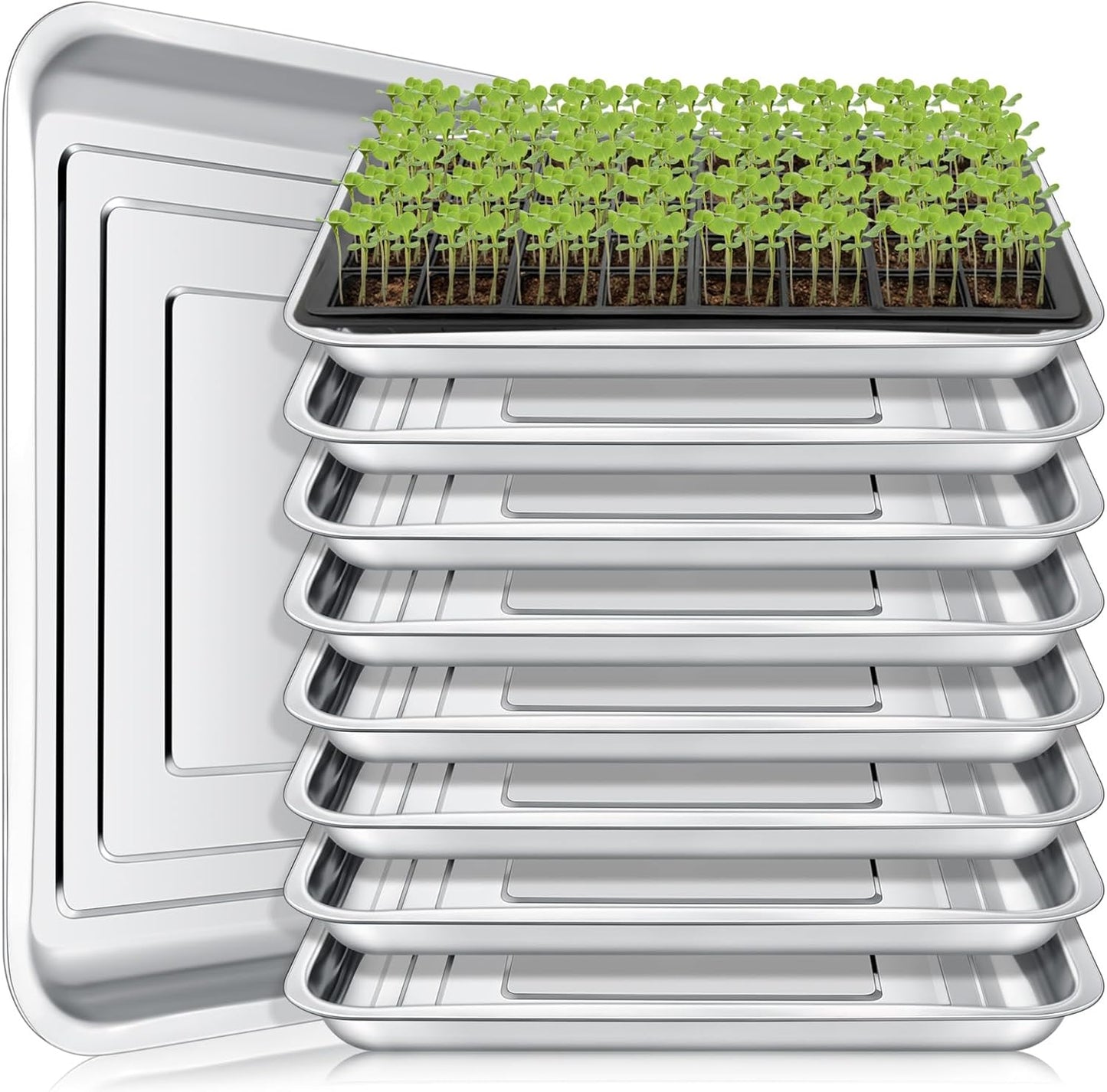 10 Pcs Stainless Steel Seed Starter Tray, Stainless Metal Garden Trays, Nursery Seedling Pots for Collection Transplantation & Propagation Flats, No Drain Holes(15.8 x 11.8 x 1.4 Inch)