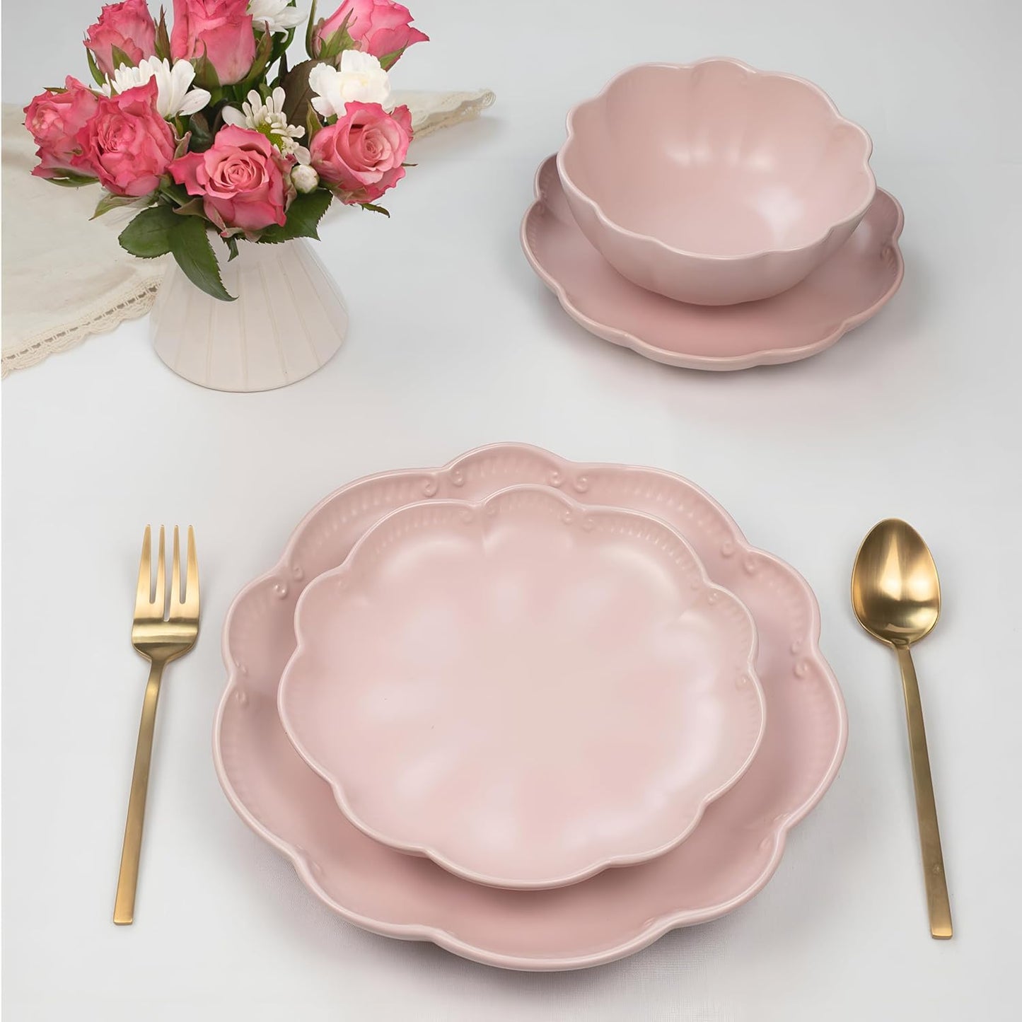 Sango 12 Pieces Scalloped Dinnerware Set, Modern Pink Dishes for 4, Premium Serving Plates & Bowls Sets, Chip Resistant, Ceramic Dishware, Kitchen Dish, Microwave & Dishwasher Safe, Bethany