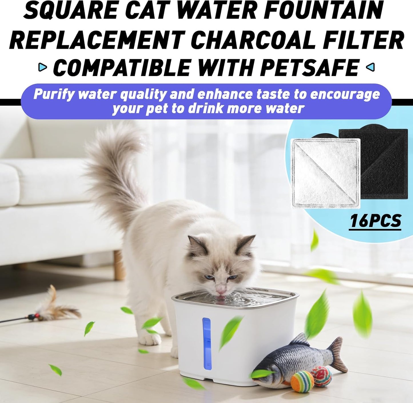 16-Pack Cat Water Fountain Replacement Charcoal Filter (Square) Compatible with Petsafe Premier, Ion-X, Outlast Pumpless & Viva Pet Water Fountain, Black Carbon Filters Fit for Cat and Dog Indoor