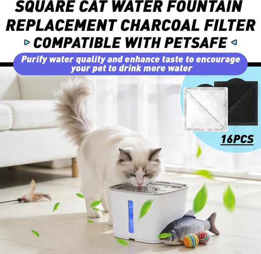 16-Pack Cat Water Fountain Replacement Charcoal Filter (Square) Compatible with Petsafe Premier, Ion-X, Outlast Pumpless & Viva Pet Water Fountain, Black Carbon Filters Fit for Cat and Dog Indoor