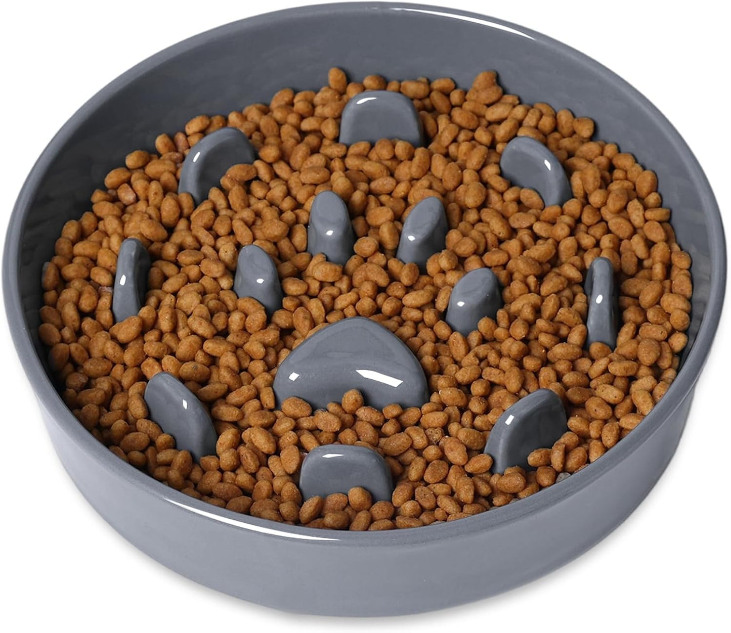Dog Slow Feeder Bowl, Round Ceramic Pet Food Bowl for Medium Breed, Fun Raised Dog Bowls to Slow Down Eating (Grey)