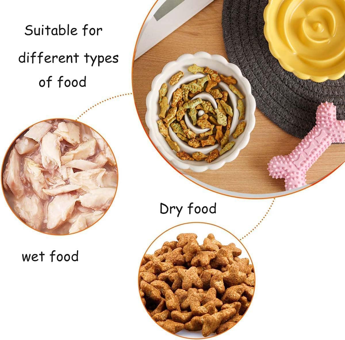 Ceramic Raised Cat Slow Feeder Bowls Whisker Friendly Anti Vomiting Cat Slow Eating Food Bowl for Cats Puppy Dogs Neck Support Plates (White)