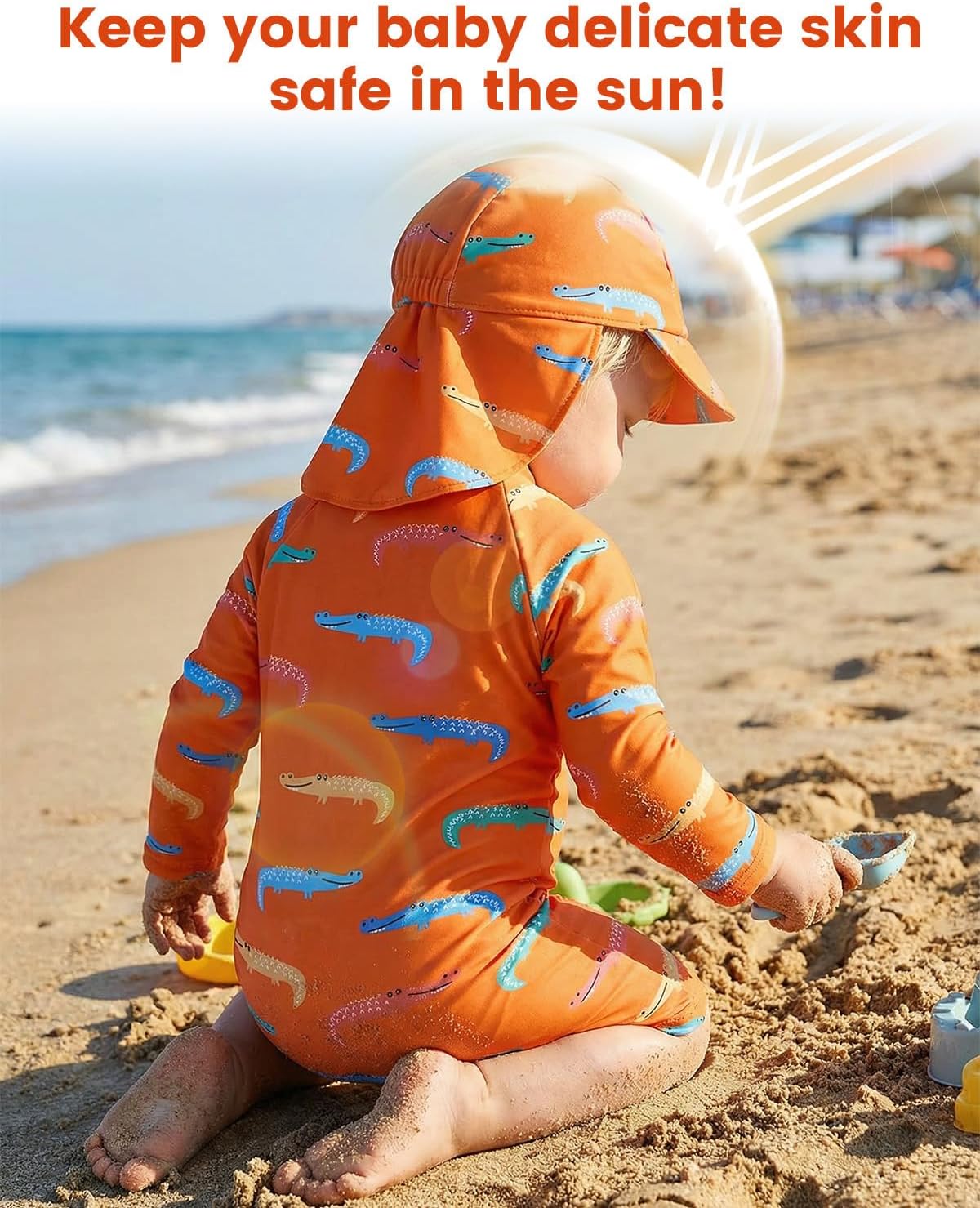 DivingBirds Baby Boy Rash Guard Swimsuit Set with Sun Hat - Long Sleeve Zip One Piece Toddler Bathing Suit for Beach & Pool
