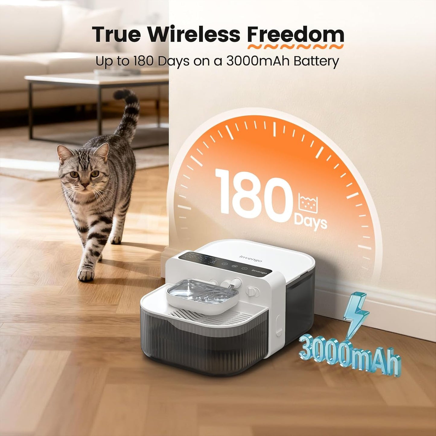 Filterless Cat Water Fountain with Wastewater Separation, 3.5L Stainless Steel Cat Fountain No Filter Needed, Wireless Pet Water Fountain for Cats & Small Dogs, 180-Day Battery, Smart Alert