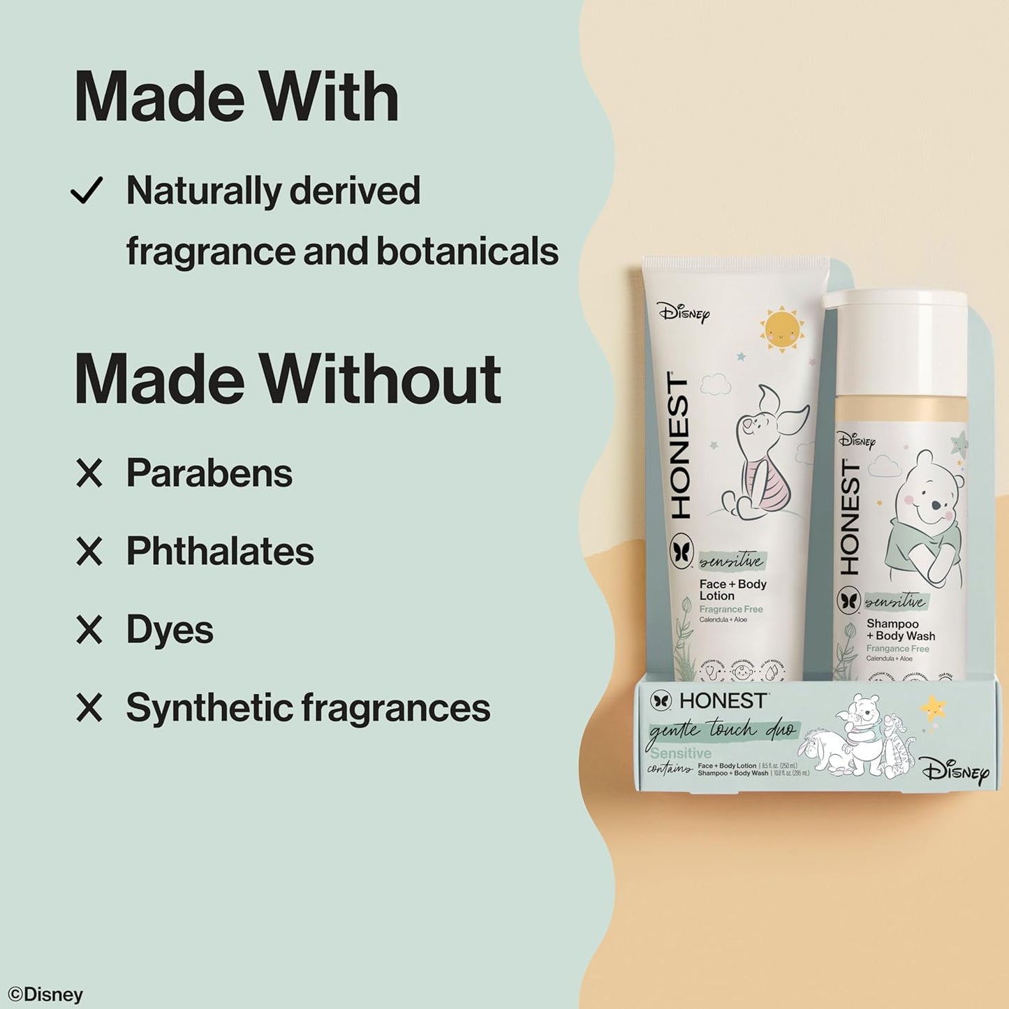 The Honest Company 2-in-1 Cleansing Shampoo and Body Wash, Face Lotion Bundle, Disney Design, Gentle for Baby, Dermatologist Tested, Sensitive Fragrance-Free, 18.5 fl oz
