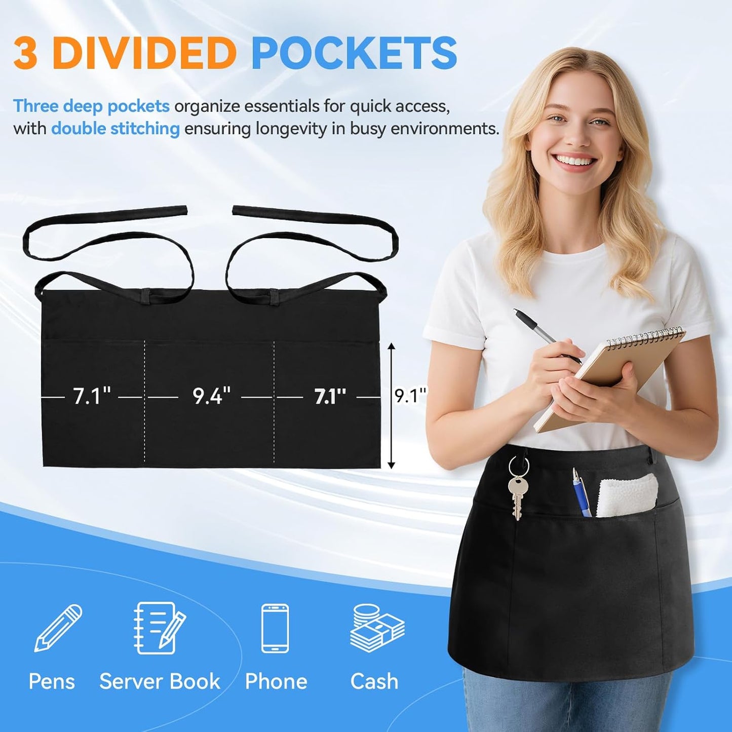 Server Aprons with 3 Pockets Waitress Waiter Waist Black Apron for Women Men Chef Kitchen Serving Cooking Baking, 1Pack, 12.6 inch