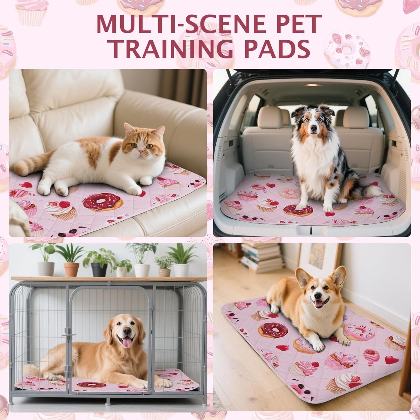 IEUUMLER Washable Pee Pads for Dogs, 2 Pack Cake Pattern Reusable Waterproof Puppy Potty Pads, Non-Slip Absorbent Pet Training Pads for Playpen Crate Bed EU015 Pink Cake, 24x18