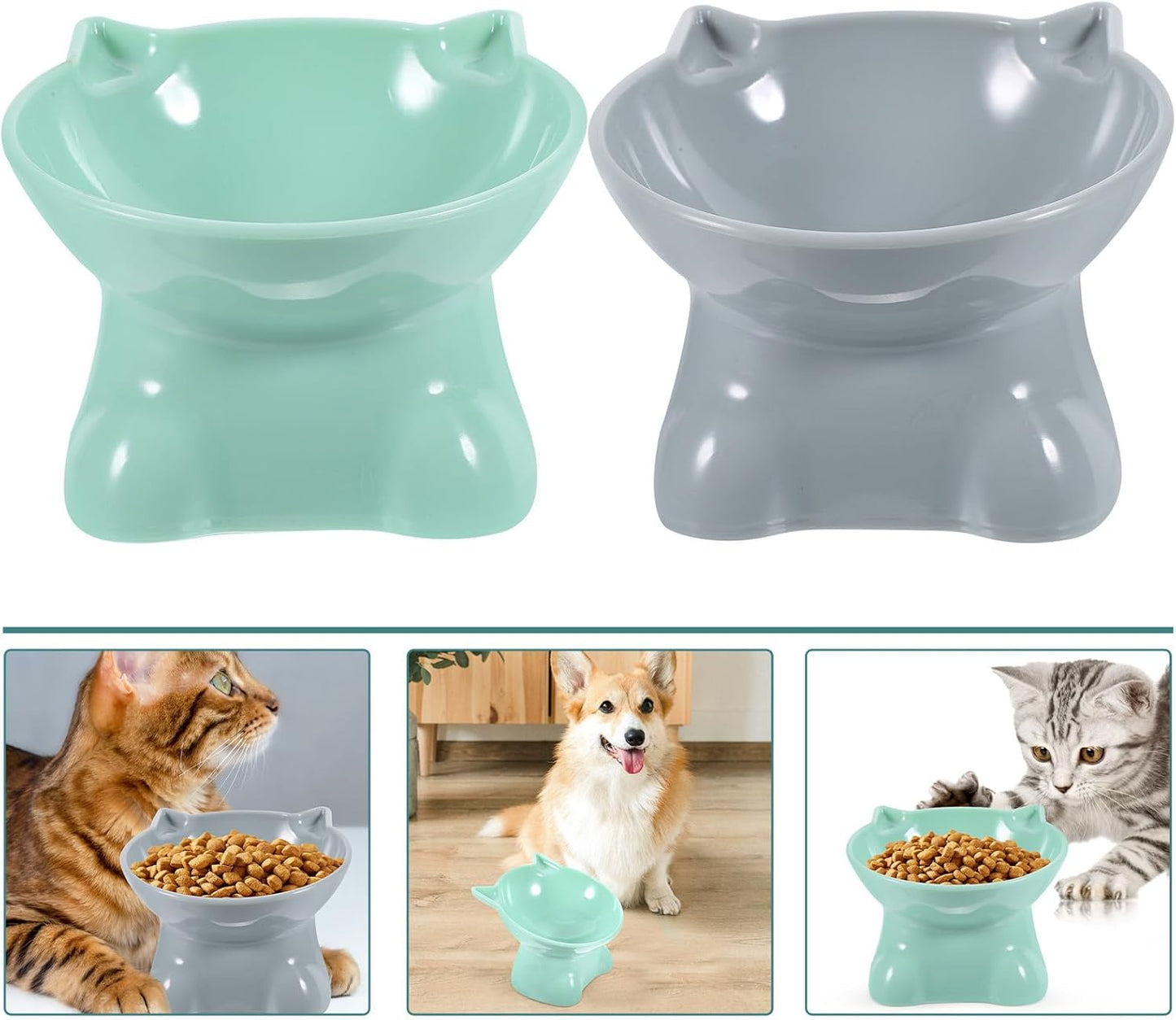 Milisten 2pcs Elevated Cat Feeding Bowls Plastic Raised Pet Food Dishes with Neck Protection Slanted Design for Cats and Small Dogs in Blue Gray and Green