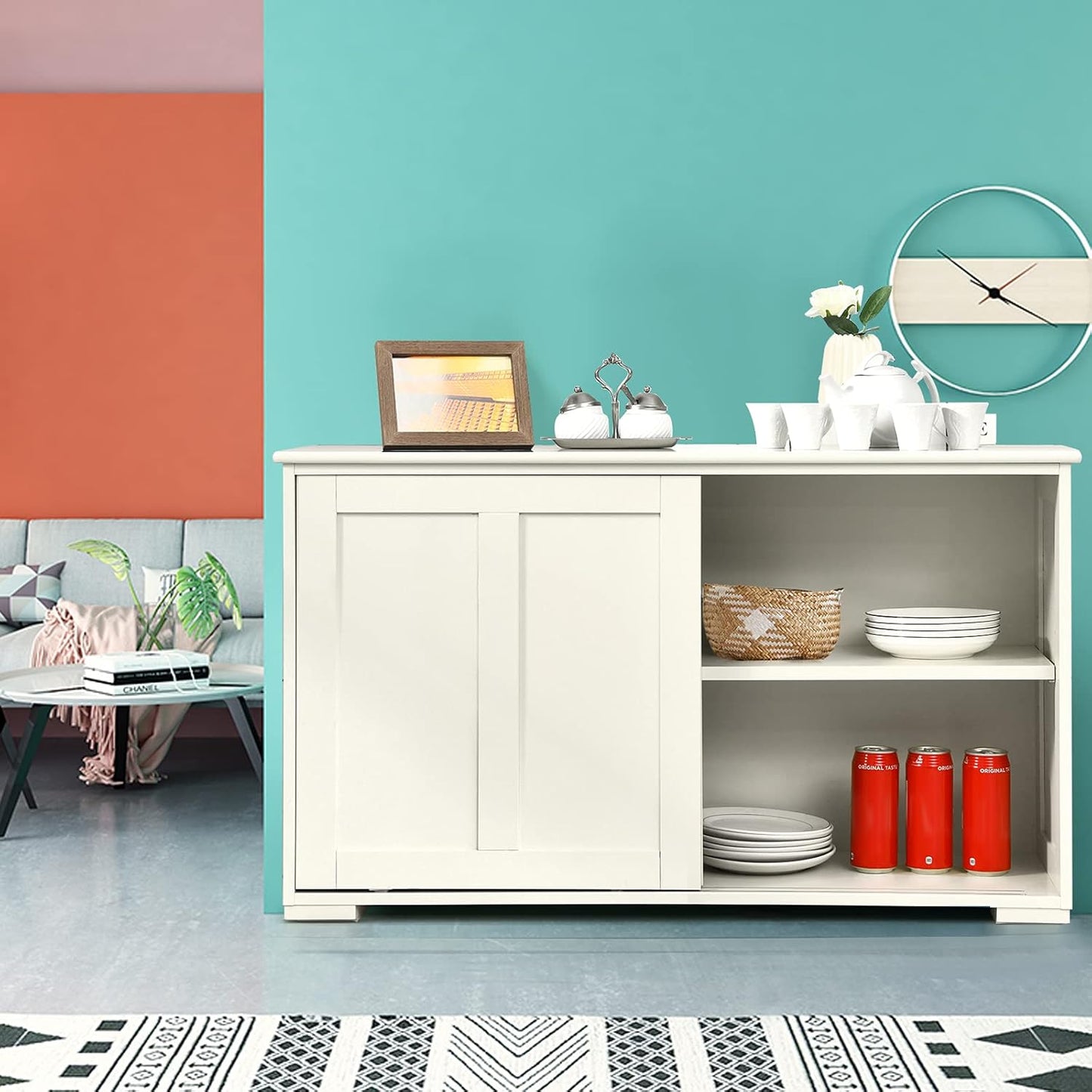 Costzon Sideboard Buffet Cabinet, Wooden Kitchen Storage Cabinet with Adjustable Shelf, Sliding Barn Door, Accent Coffee Bar Cabinet Console Table for Living Room, Dining Room, Hallway (White)