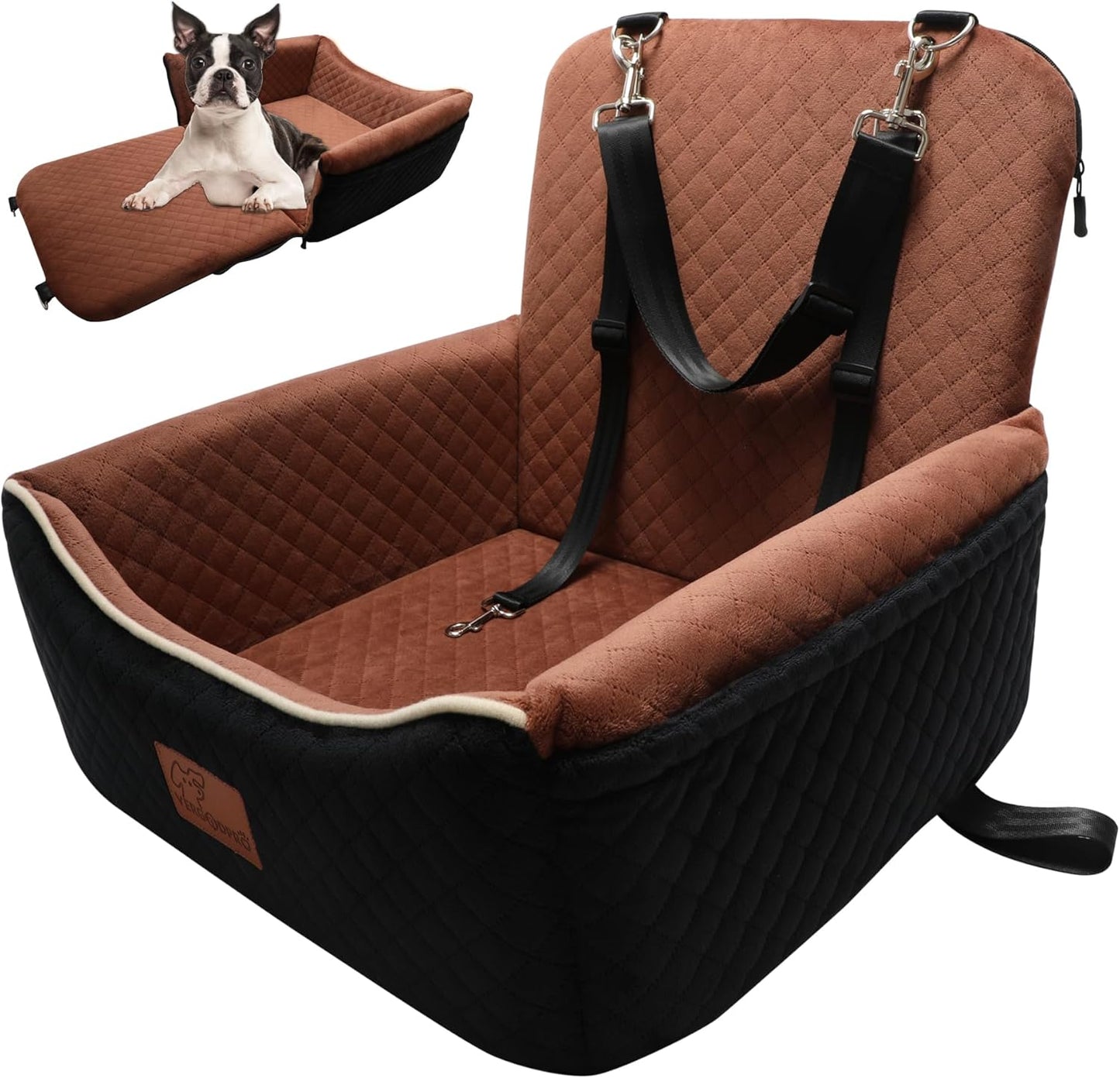 강아지 카시트 침대 2 in 1 최대 15.9kg(35파운드)의 소형/중형견용, 조절 가능한 안전 목줄, 부드러운 원단의 반려동물 여행용 자동차 침대가 있는 메모리 폼, 앞좌석과 뒷좌석에 쉽게 설치, 탈착식 및 세탁 가능.