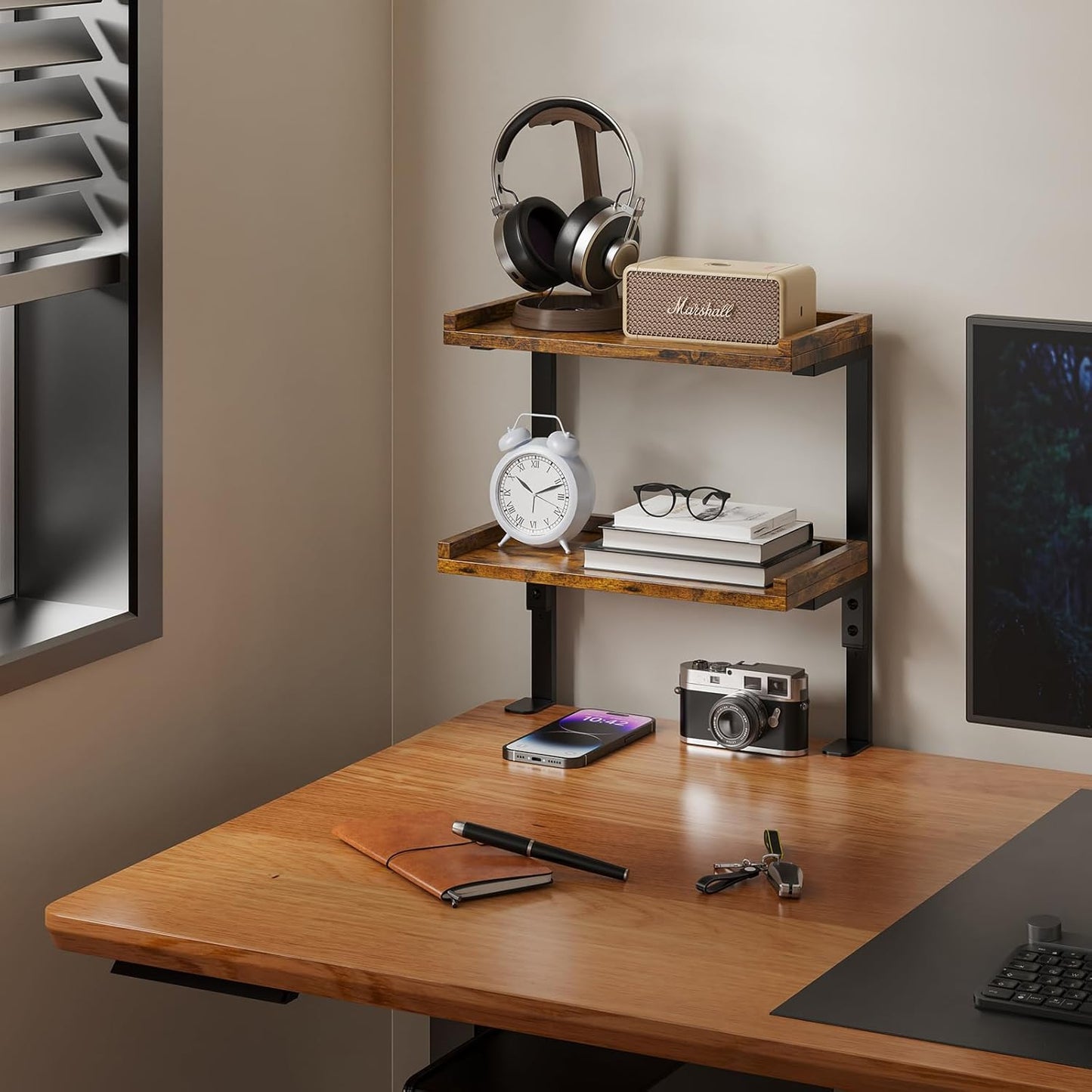 Clamp On Desk Shelf 2-Tier, 12.5 inche Wood Shelving Unit for Office Desk/Gaming Accessories, Tabletop Book Storage Rack, Shelf for Top & Under of Desk, Brown