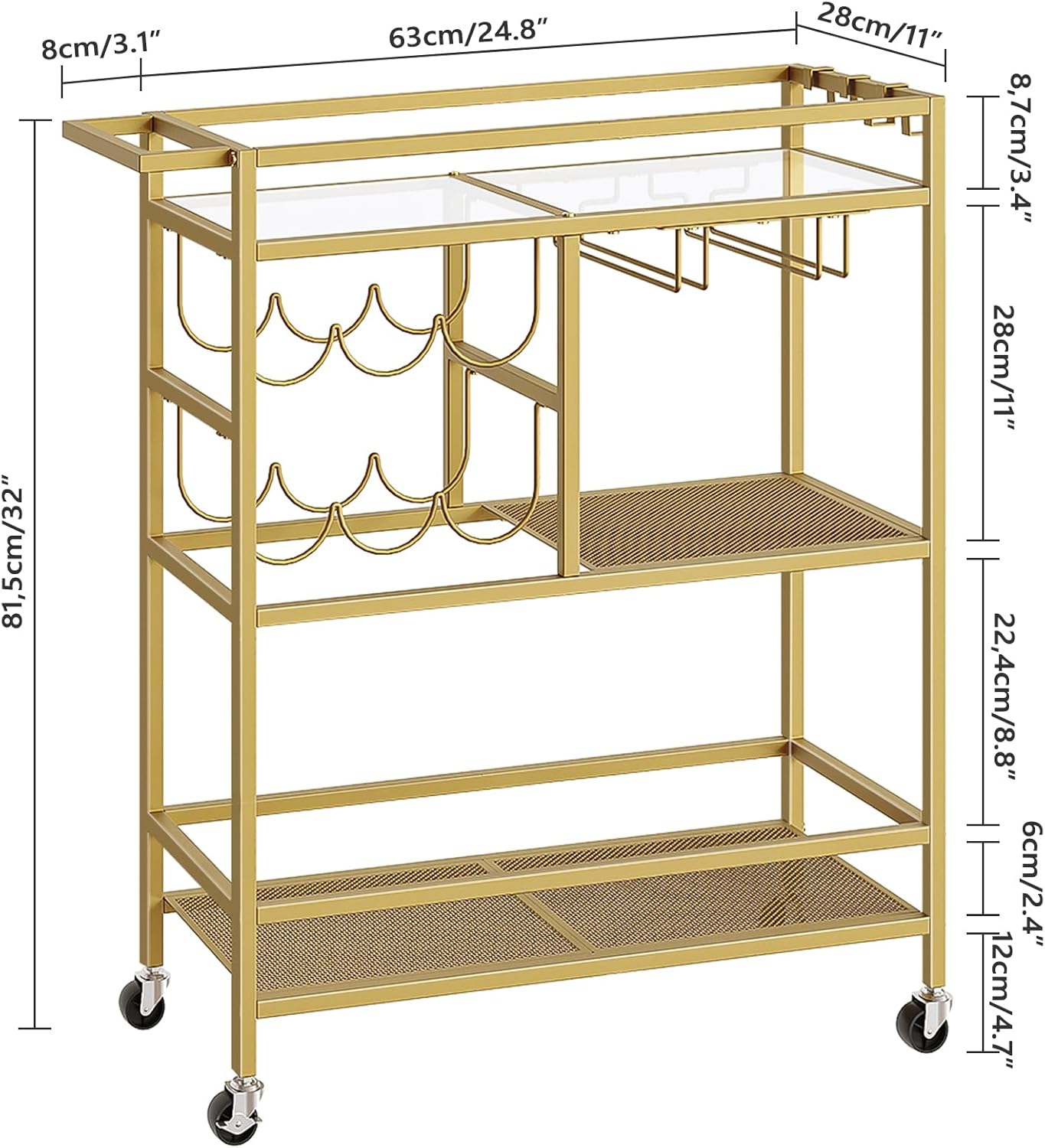 Bar Cart for Home, 3-Tier Serving Cart with Wheels and Handle, Beverage Cart with Wine Rack and Glass Holders, Rolling Wine Cart for Kitchen, Dining Room, Gold RCJ61B01